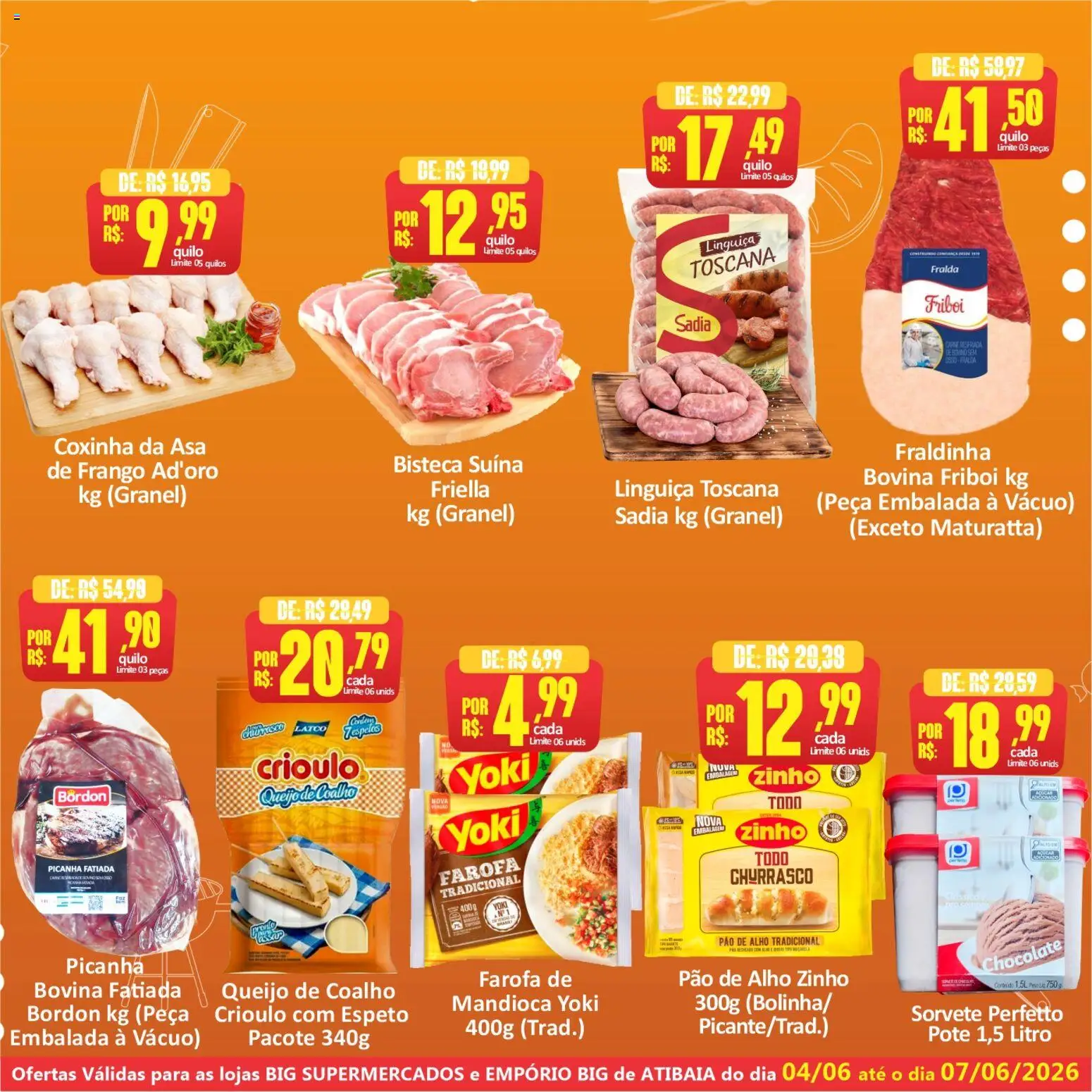 Big Supermercados Folheto - válido de 04.06.2026 | Página: 3 | Produtos: Mandioca, Fraldinha, Asa de frango, Chocolate