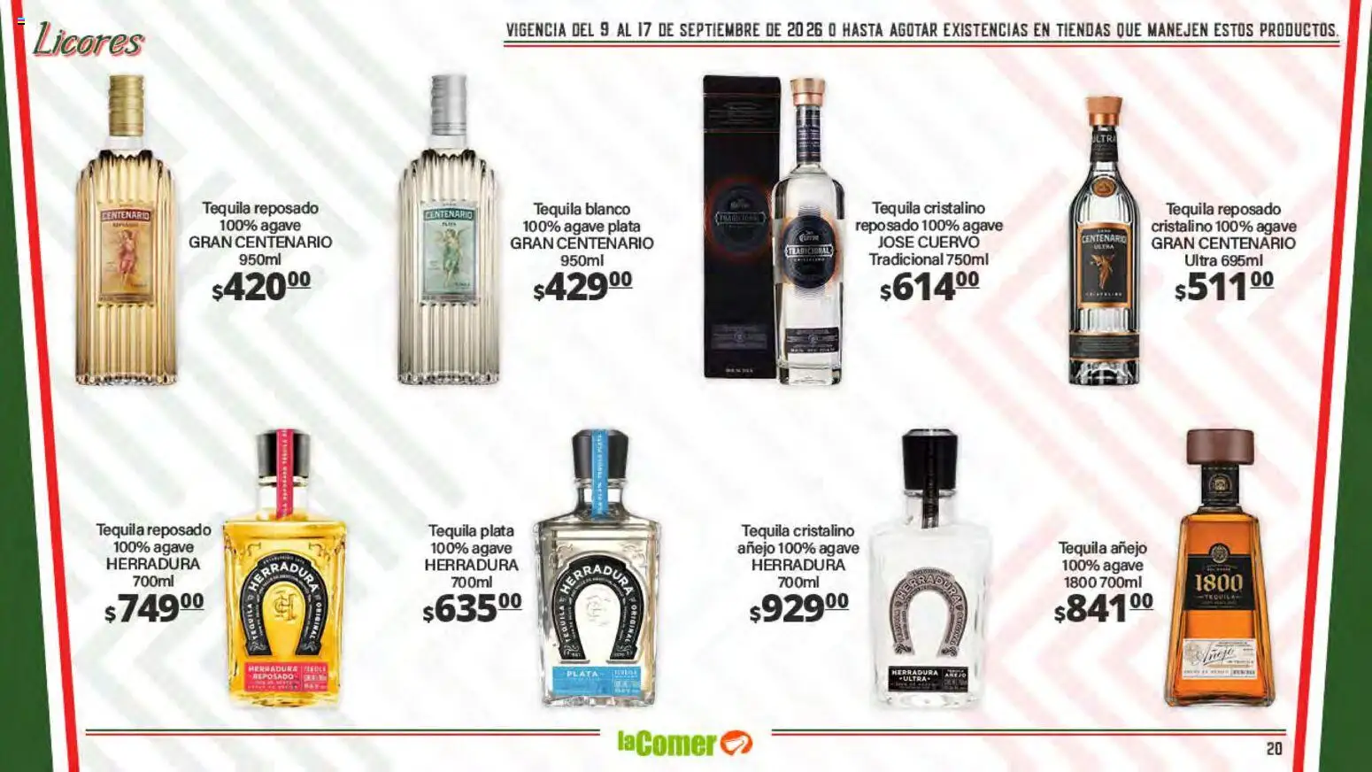 Nuevas ofertas de La Comer válidas en toda la República Mexicana desde el 09/09/2026. ¡Encuentra las mejores ofertas en La Comer folleto La Grandeza de México se comparte en la mesa! | Página: 20 | Productos: Tequila, Agave