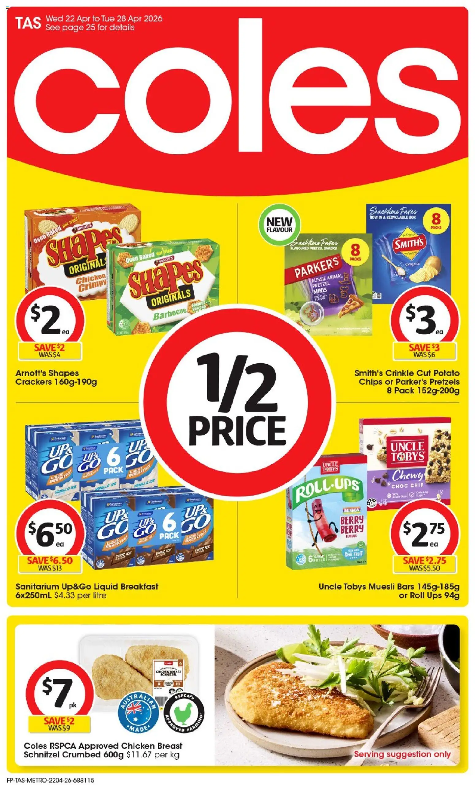 Coles catalogue - valid from 22.04.2026 | Page: 1 | Products: Box, Chicken, Chips, Pretzels