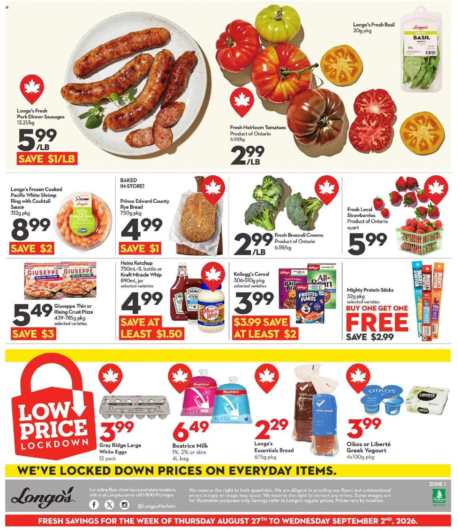 Longo's flyer valid from Aug 27, 2026 | Page: 3 | Products: Strawberries, Bag, Milk, Bra