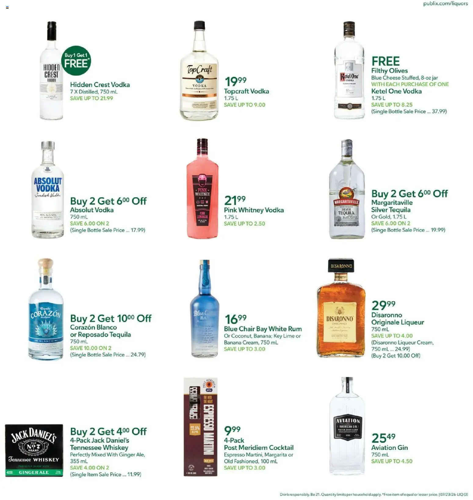 Publix Liquor Ad - valid from 07/23/2026 | Page: 3 | Products: Chair, Vodka, Whiskey, Lime