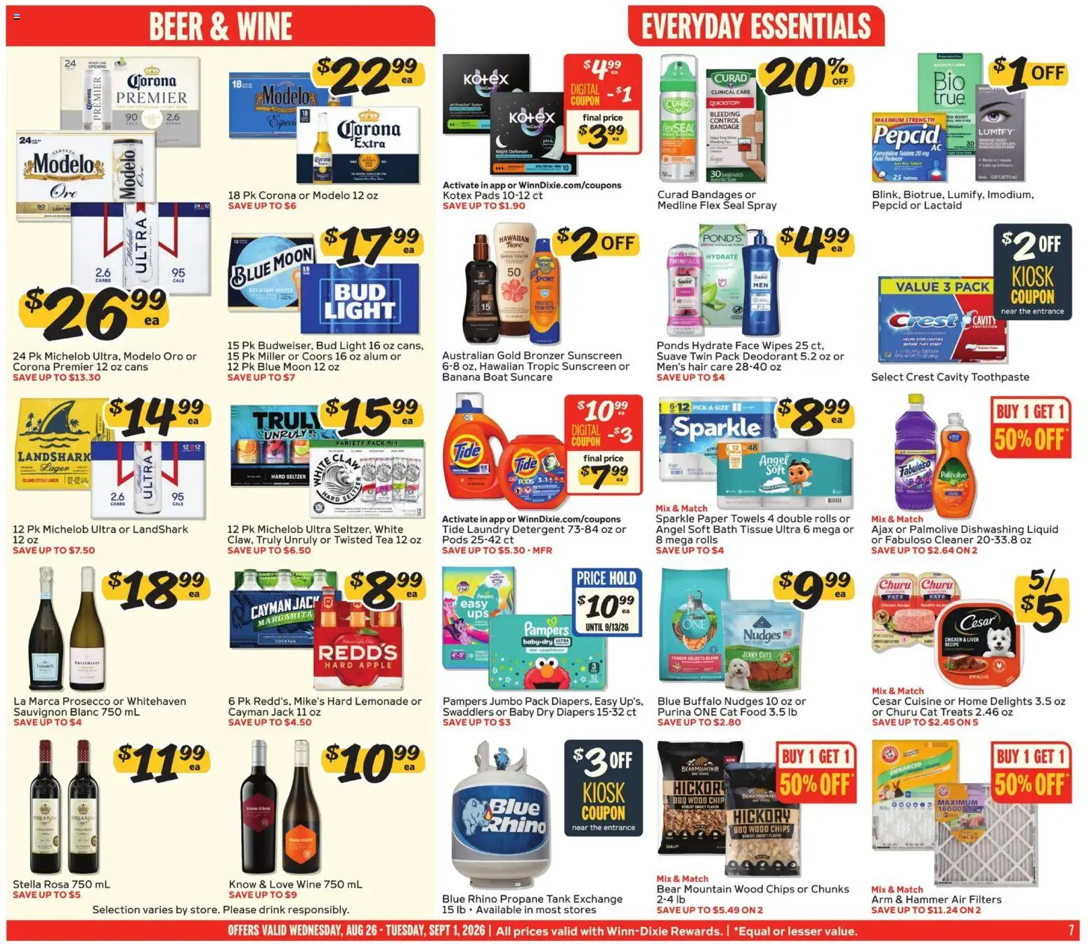 Winn Dixie Weekly Ad - valid from 08/26/2026 | Page: 7 | Products: Wine, Beer, Chips, Pads