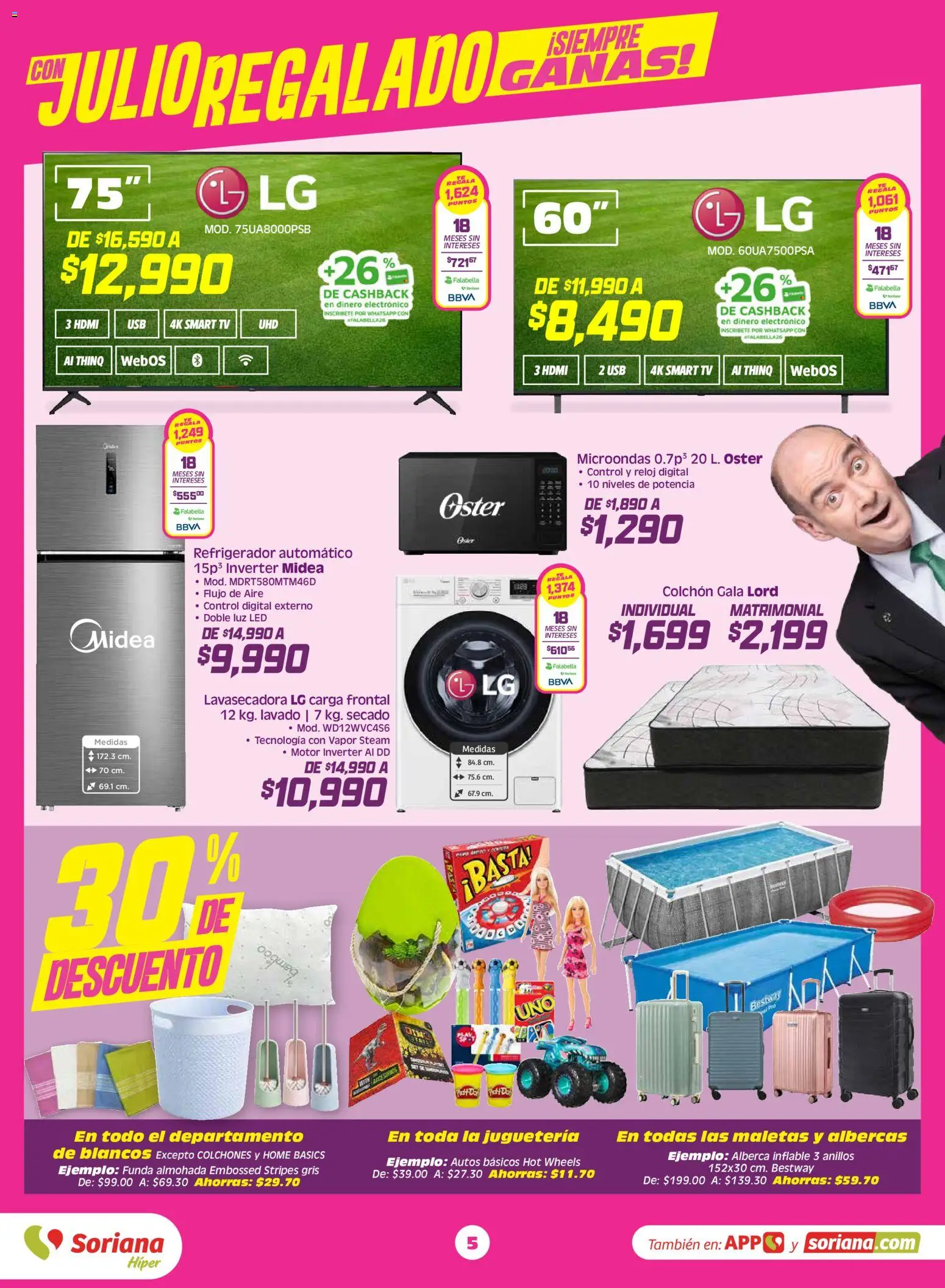 Nuevas ofertas de Soriana válidas en toda la República Mexicana desde el 10/07/2026. ¡Encuentra las mejores ofertas en Soriana Julio Regalado Híper Nacional! | Página: 5 | Productos: Funda, Microondas, Colchón, Reloj