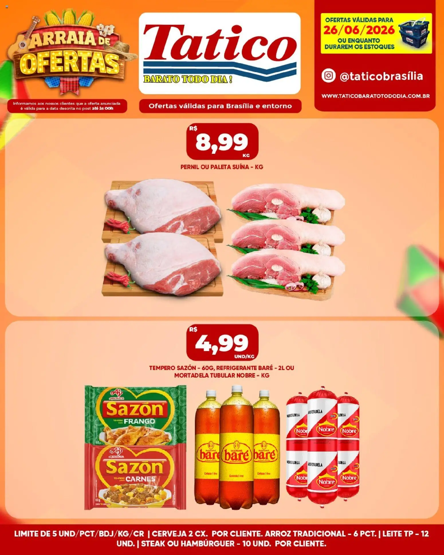 Tatico Folheto - válido de 26/06/2026 | Página: 5 | Produtos: Pernil, Leite, Mortadela, Hambúrguer