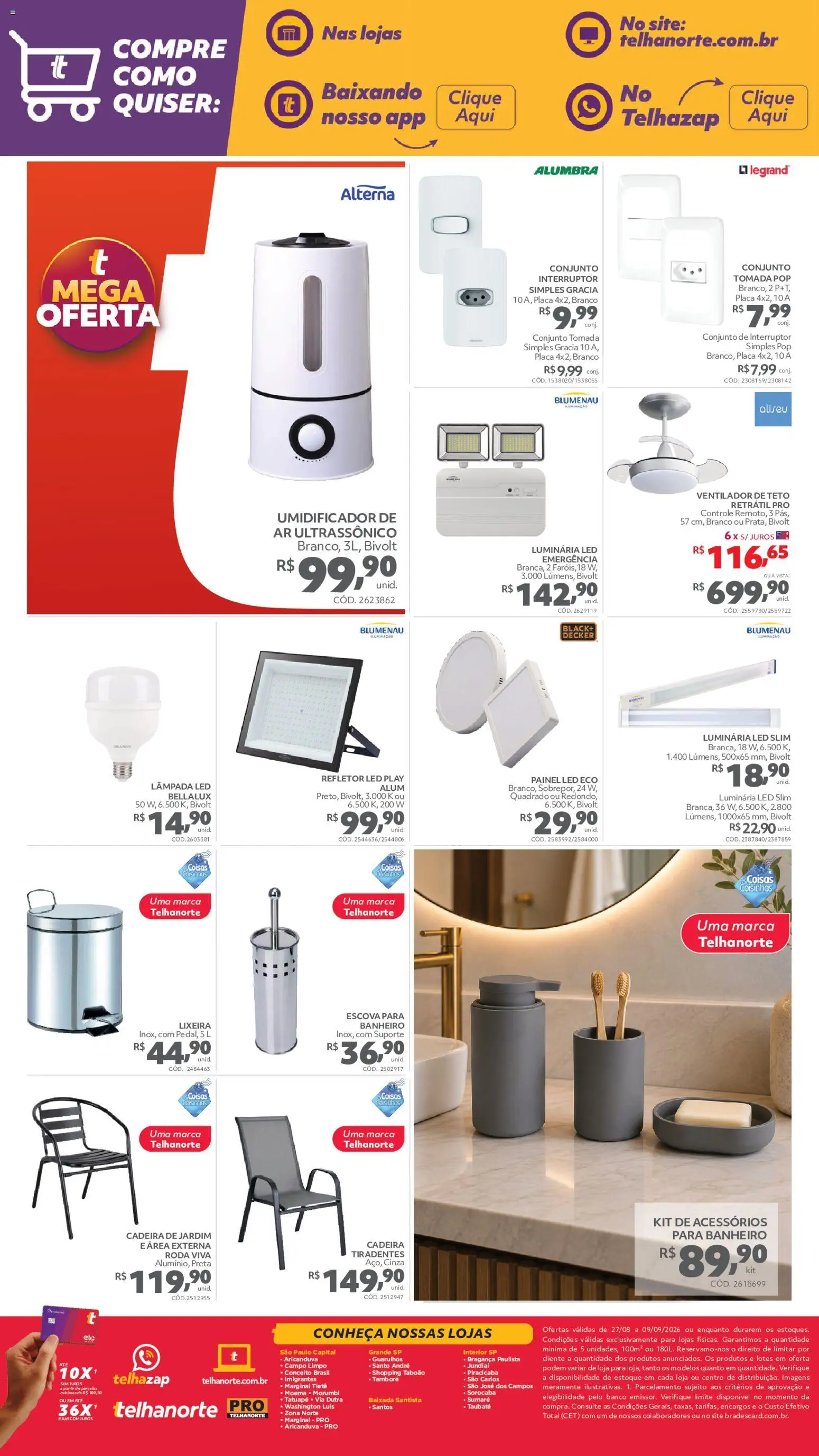 Telhanorte Folheto - válido de 27/08/2026 | Página: 6 | Produtos: Ventilador, Interruptor, Lixeira, Lâmpada led