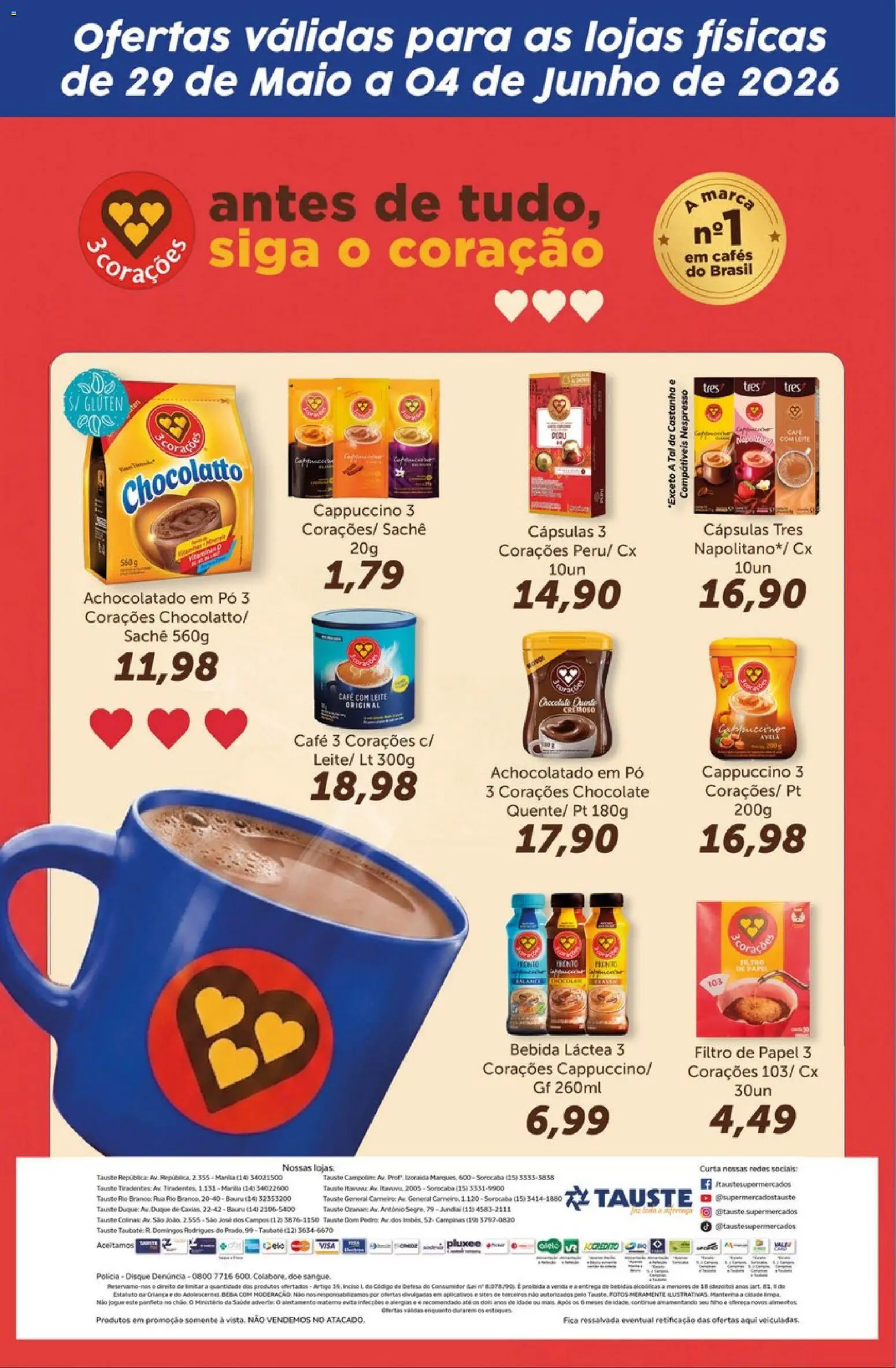 Tauste Folheto - válido de 29.05.2026 | Página: 2 | Produtos: Filtro de papel, Tres corações, Achocolatado, Leite