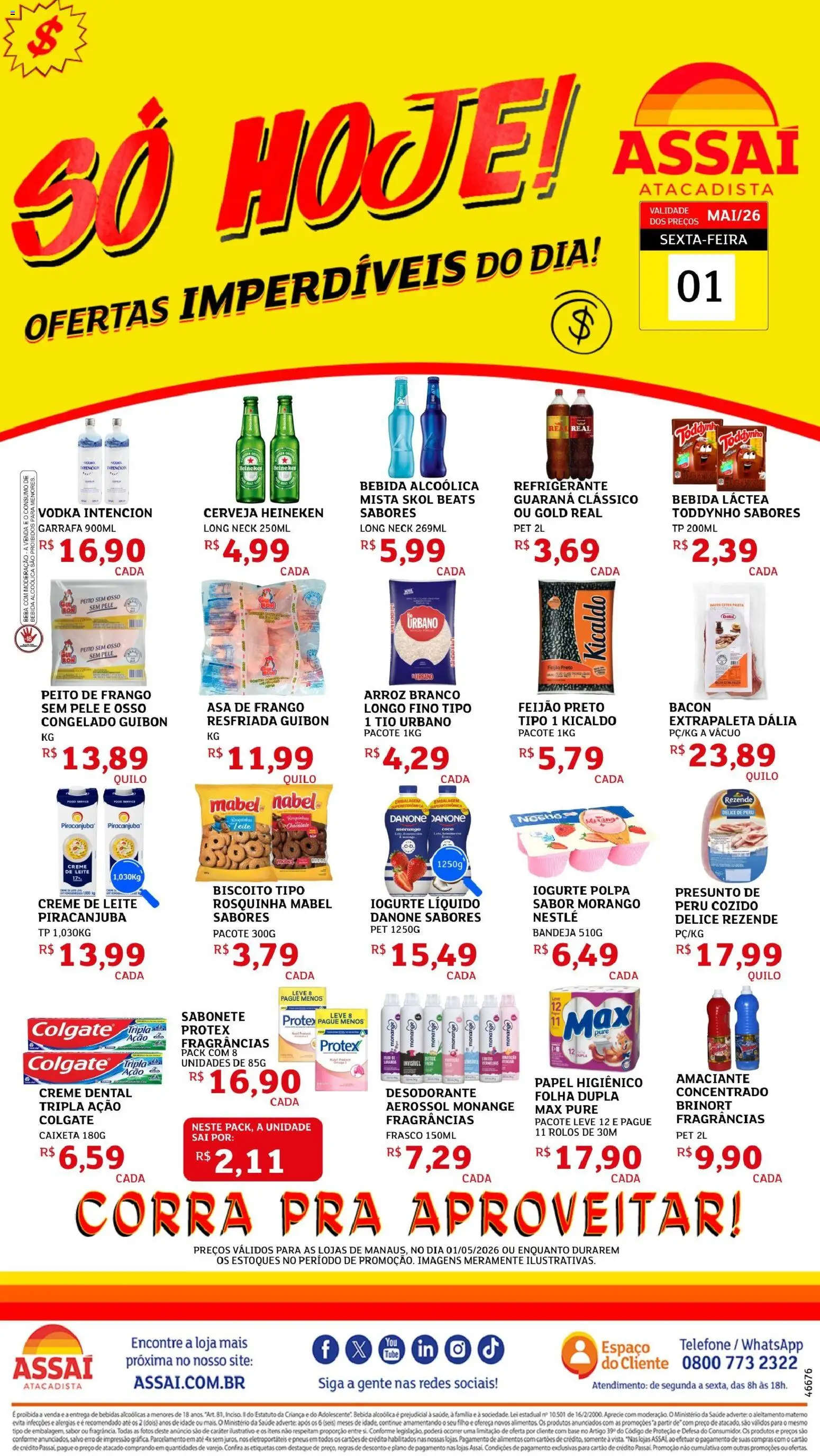 Assaí Atacadista Folheto - válido de 01.05.2026 | Página: 1 | Produtos: Cerveja Heineken, Refrigerante, Frango, Rosquinha