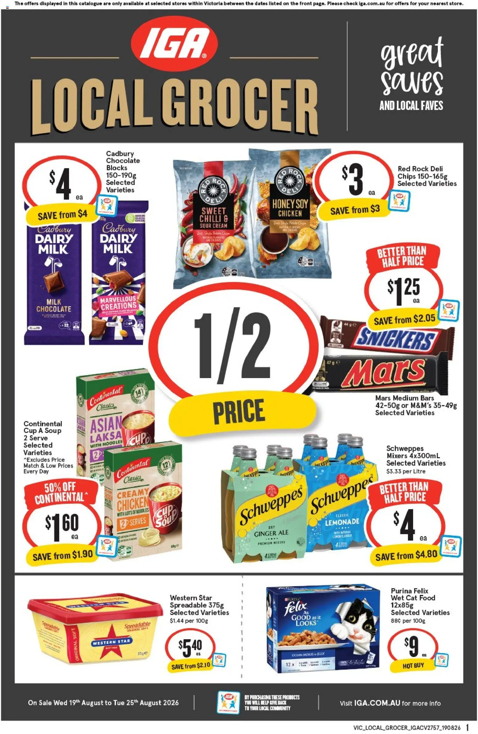 IGA catalogue - valid from 19/08/2026 | Page: 1 | Products: Dairy, Chicken, Chips, Snickers