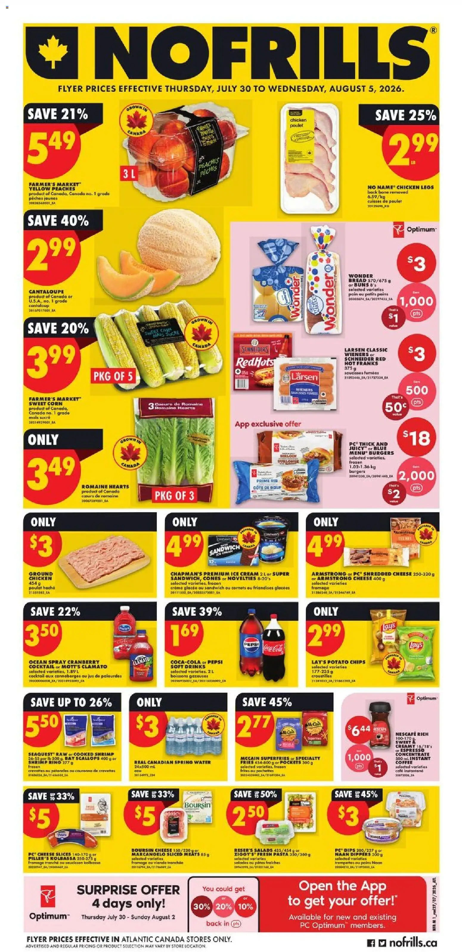 No Frills flyer valid from Jul 30, 2026 | Page: 1 | Products: Chips, PC, Cheese, Coffee