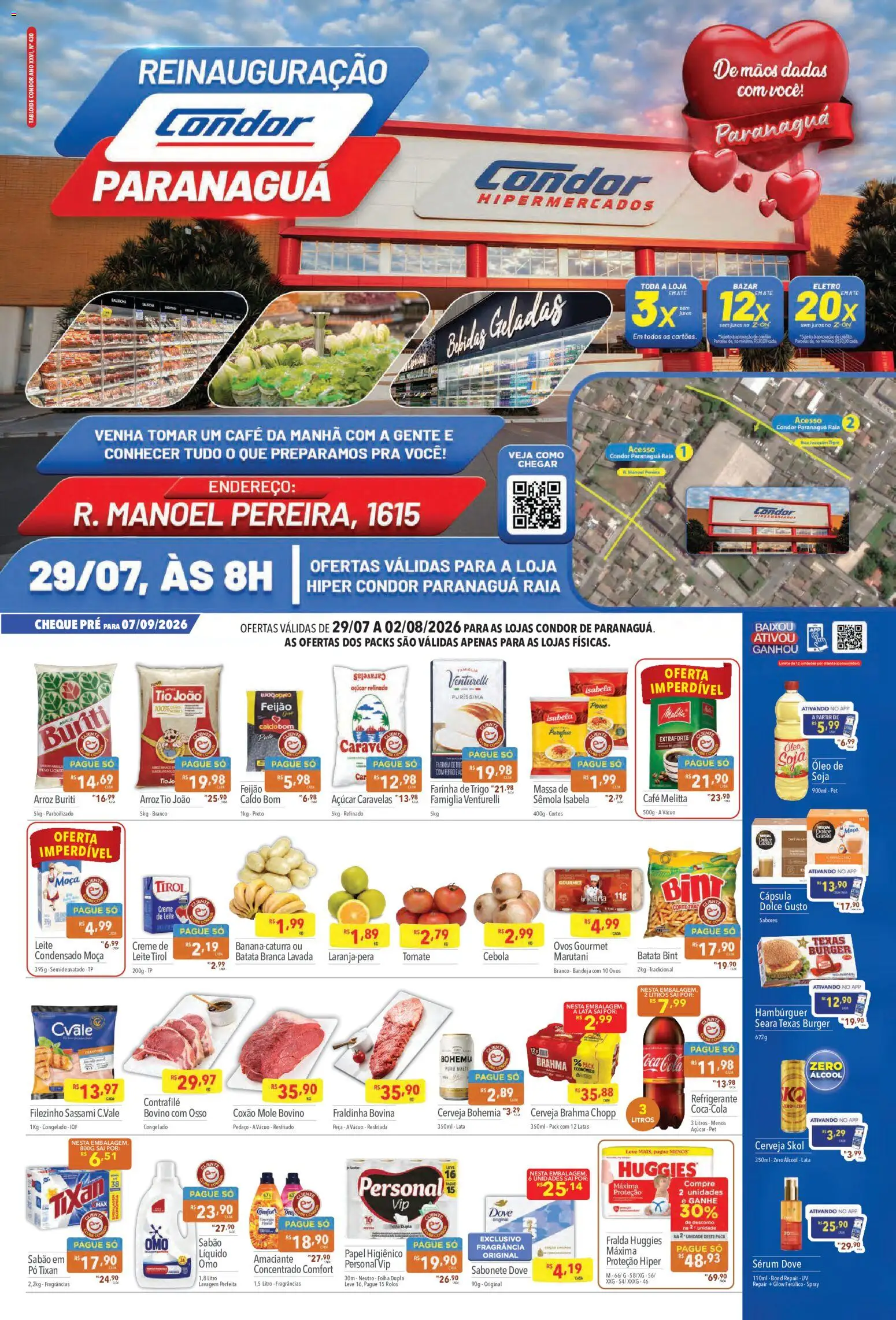 Supermercados Condor Folheto - válido de 29/07/2026 | Página: 1 | Produtos: Cebola, Leite, Massa, Amaciante