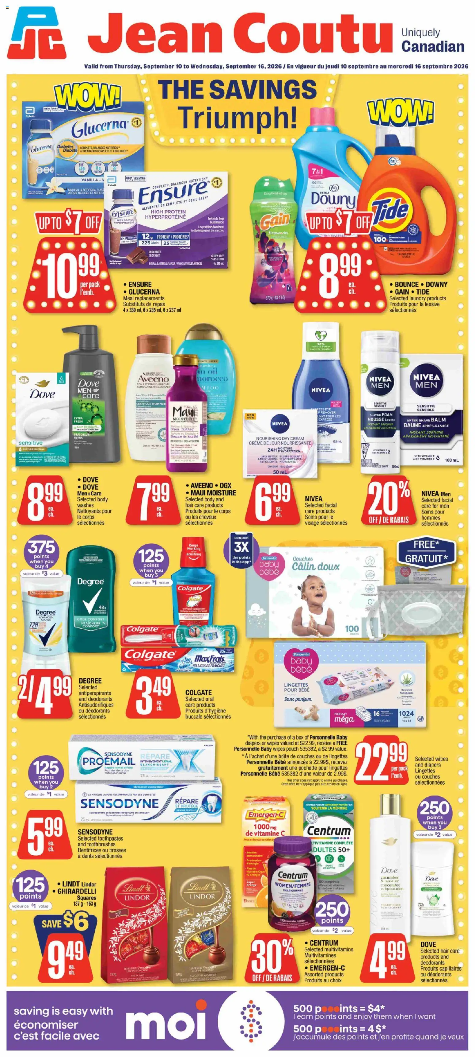 Jean Coutu flyer valid from Sep 10, 2026 | Page: 1 | Products: Lindt, Foam, Vanilla, Oil