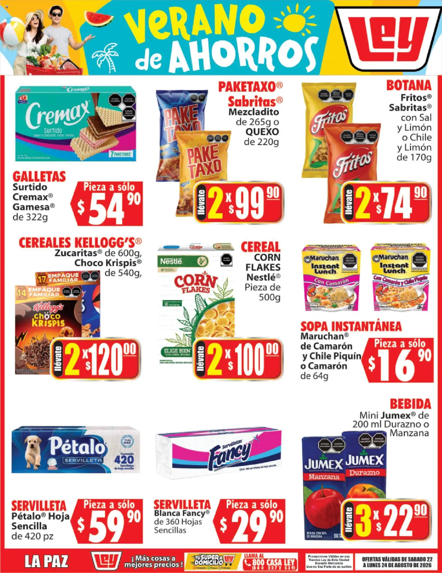 Nuevas ofertas de Casa Ley válidas en toda la República Mexicana desde el 22/08/2026. ¡Encuentra las mejores ofertas en Casa Ley folleto Verano de ahorros! | Página: 3 | Productos: Durazno, Sal, Sopa, Servilletas