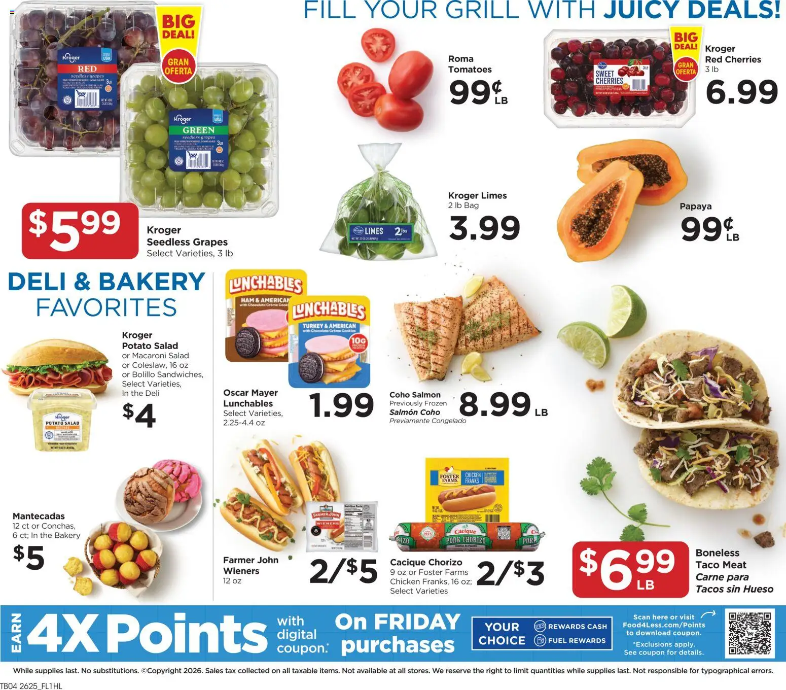 Food 4 Less Weekly Ad - valid from 07/22/2026 | Page: 7 | Products: Pork, Salad, Grapes, Bag