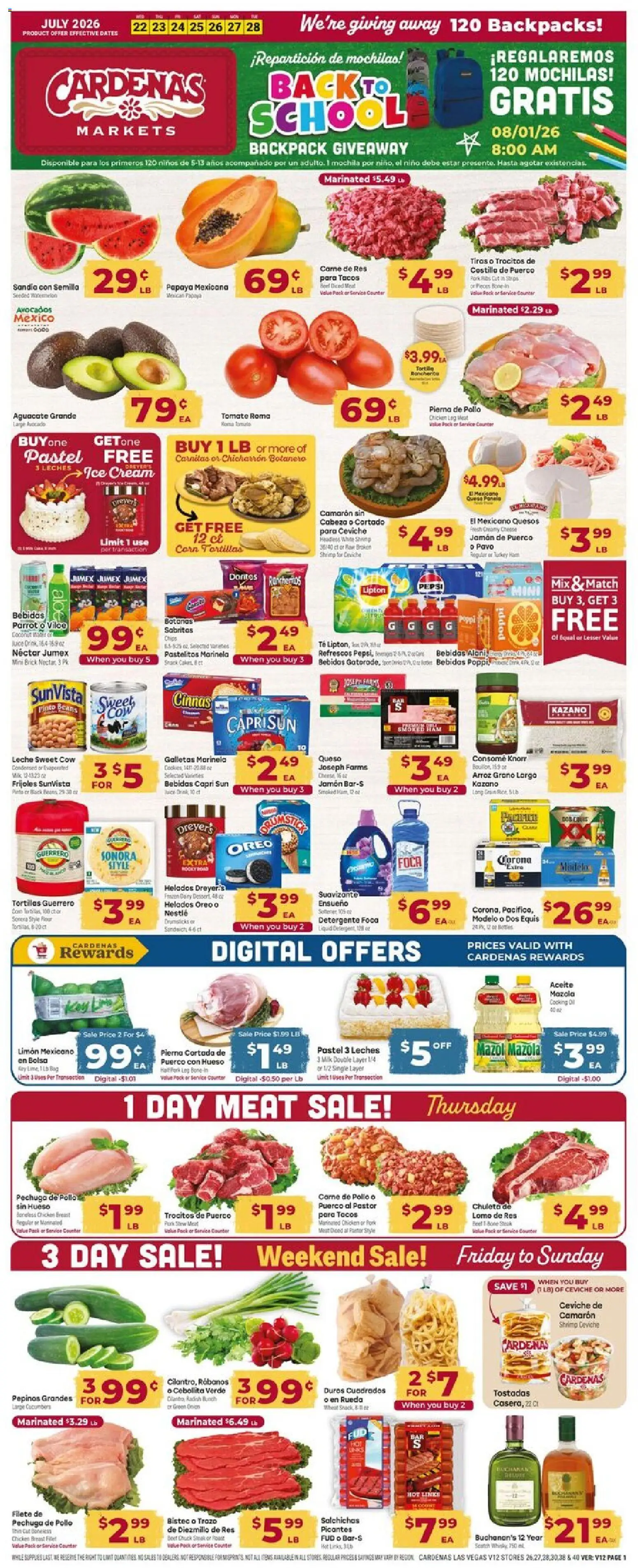 Cardenas Weekly Ad - valid from 07/22/2026 | Page: 1 | Products: Corn, Oil, Juice, Backpack
