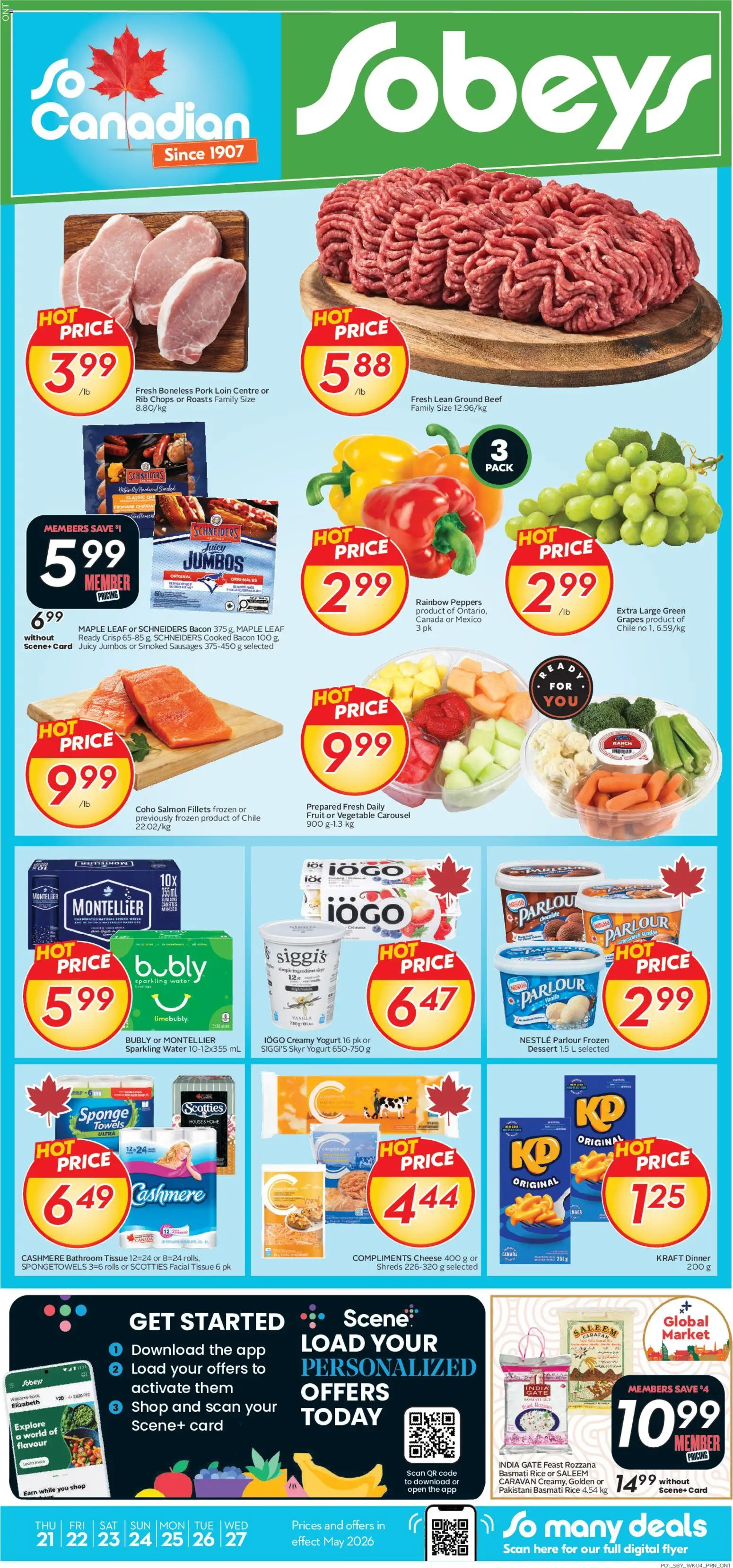 Sobeys flyer valid from 21.05.2026 | Page: 1 | Products: Rice, Sponge, Cheese, Pork