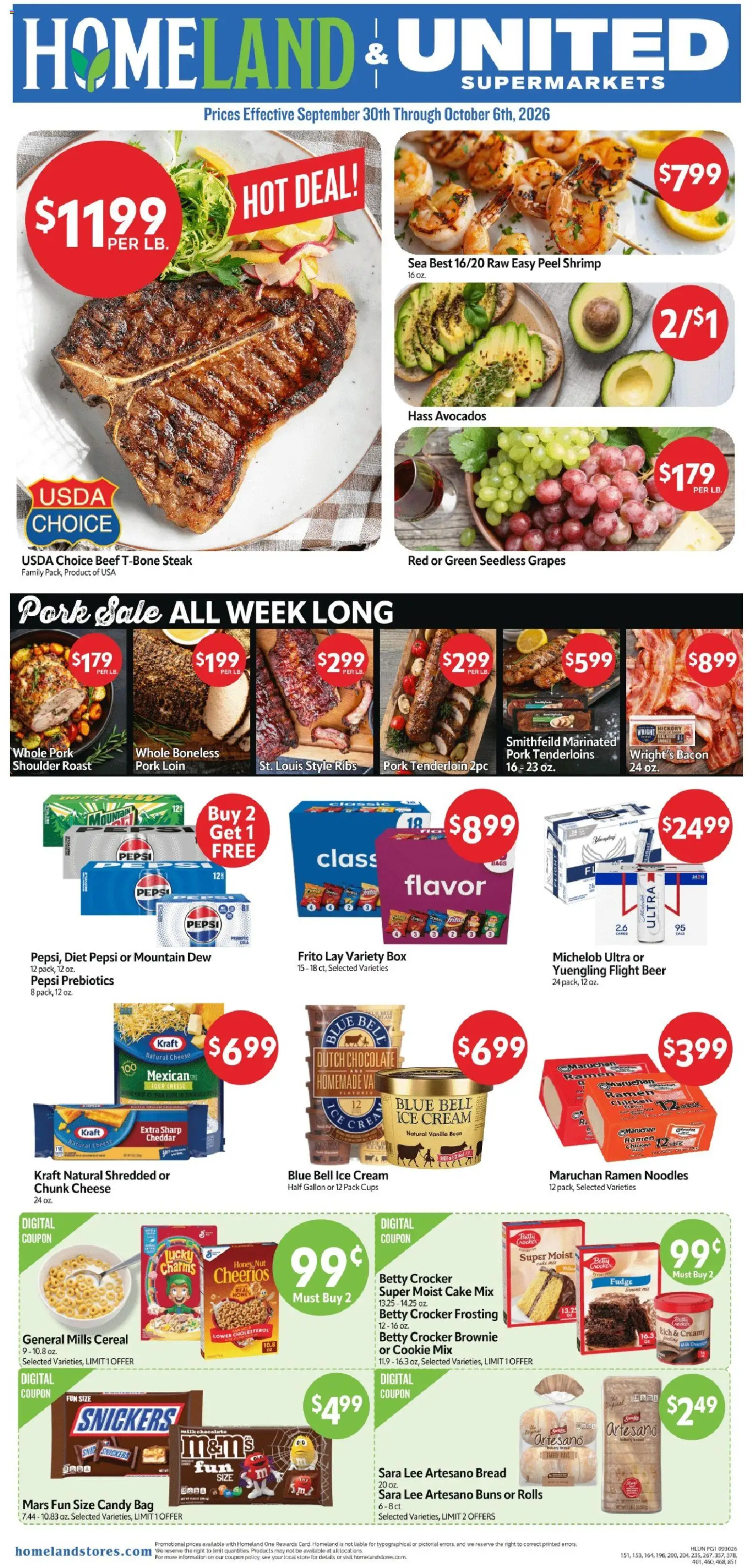 Homeland Weekly Ad - valid from 09/30/2026 | Page: 1 | Products: Pork loin, Milk, Snickers, Pepsi