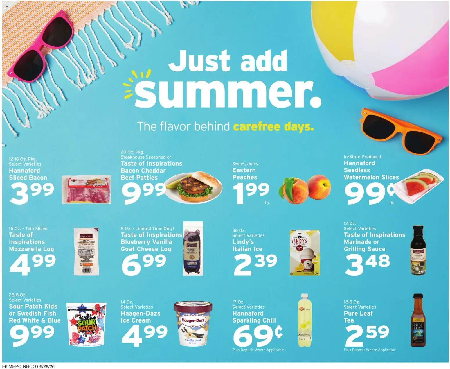 Hannaford Weekly Ad - valid from 06/28/2026 | Page: 14 | Products: Peaches, Cheese, Beef, Sauce