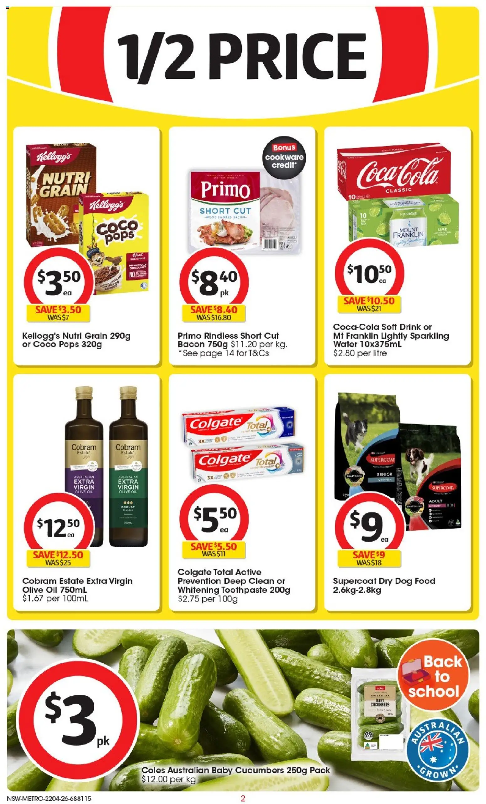 Coles catalogue - valid from 22.04.2026 | Page: 2 | Products: Toothpaste, Olive oil, Dog food, Water