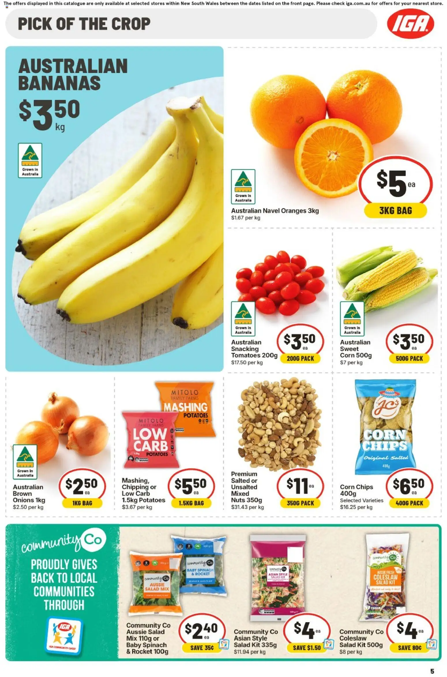 IGA catalogue - valid from 22/07/2026 | Page: 5 | Products: Bananas, Nuts, Rocket, Spinach