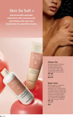 Preview of Body Lotion, With squalane, panthenol, niacinamide and sea buckthorn oil, it helps boost the appearance of elasticity, improve the look of skin tone and lock in lasting moisture to leave skin looking soft, smooth, plump and radiant. Up to 48 hours of hydration. Light floral scent. 350 ml from shop Avon valid from 07.05.2026 | Page: 18 | Products: Body lotion, Bath, Shower