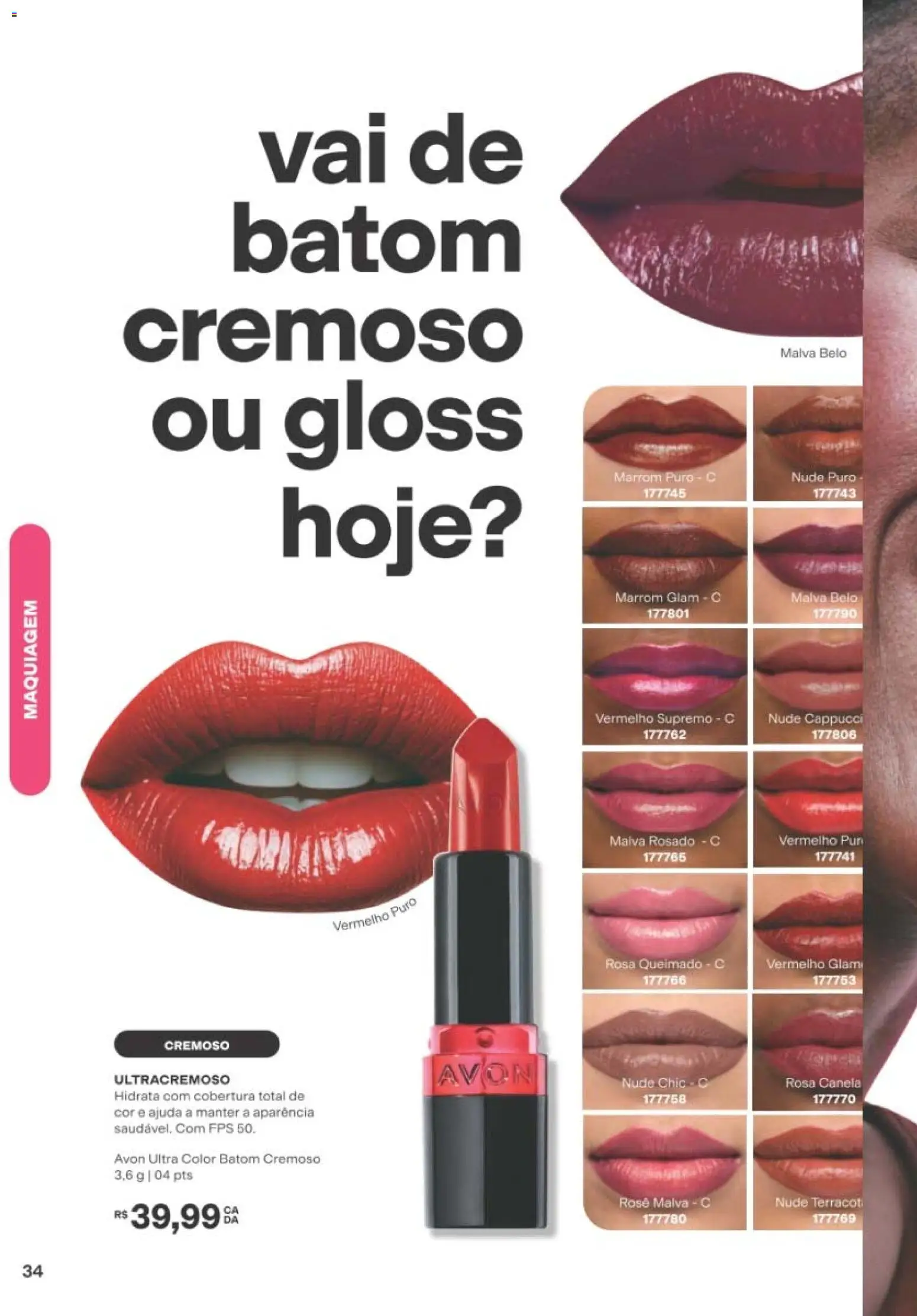 Avon Folheto - válido de 19/07/2026 | Página: 34 | Produtos: Maquiagem, Batom, Canela
