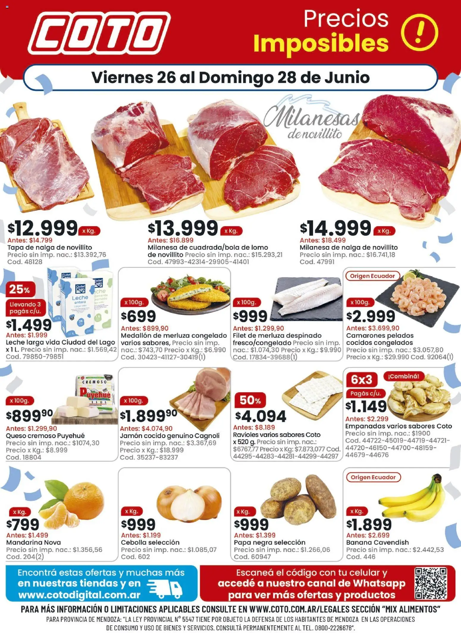 Coto - Mix │ válido desde el 26/06/2026 | Página: 1 | Productos: Banana, Jamón cocido, Leche, Queso