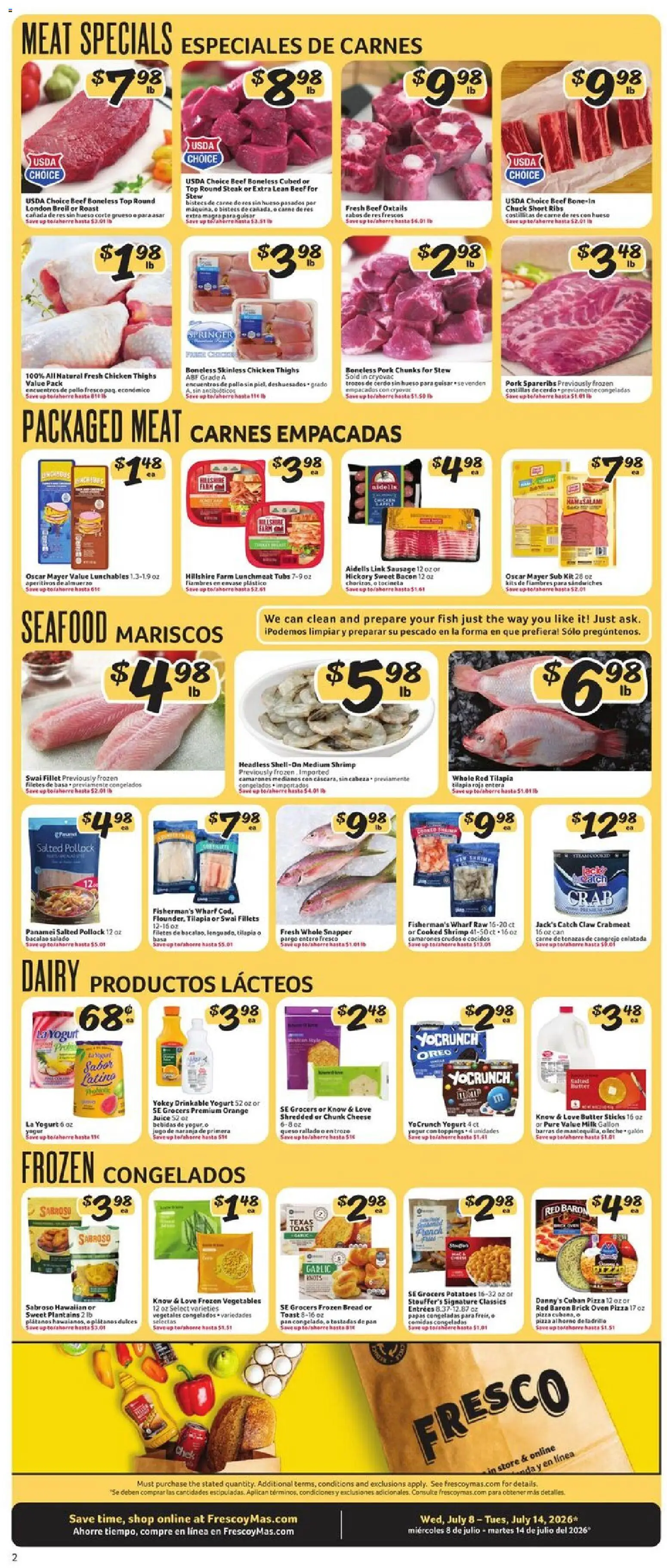 Fresco y Más Weekly Ad - valid from 07/08/2026 | Page: 3 | Products: Butter, Bread, Seafood, Sausage