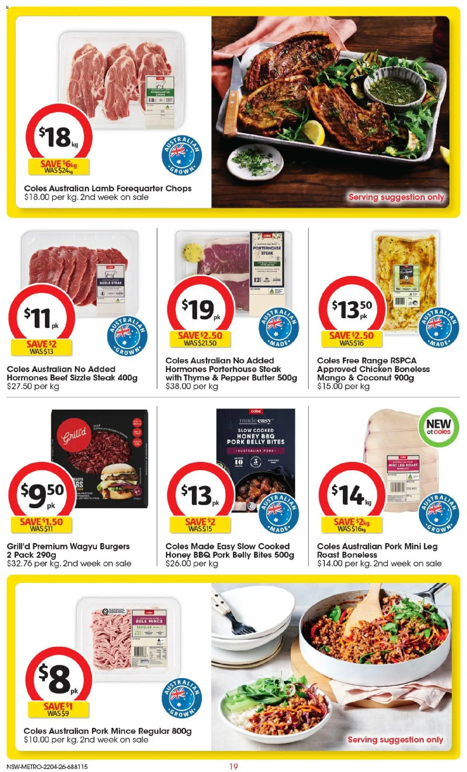 Coles catalogue - valid from 22.04.2026 | Page: 19 | Products: Chicken, Pork, Steak, Mango
