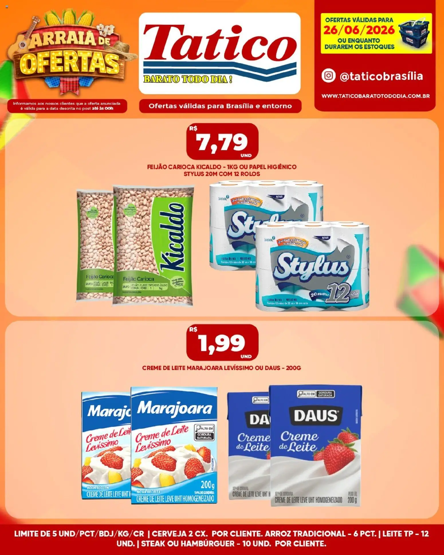Tatico Folheto - válido de 26/06/2026 | Página: 2 | Produtos: Leite, Creme, Hambúrguer, Papel higiênico