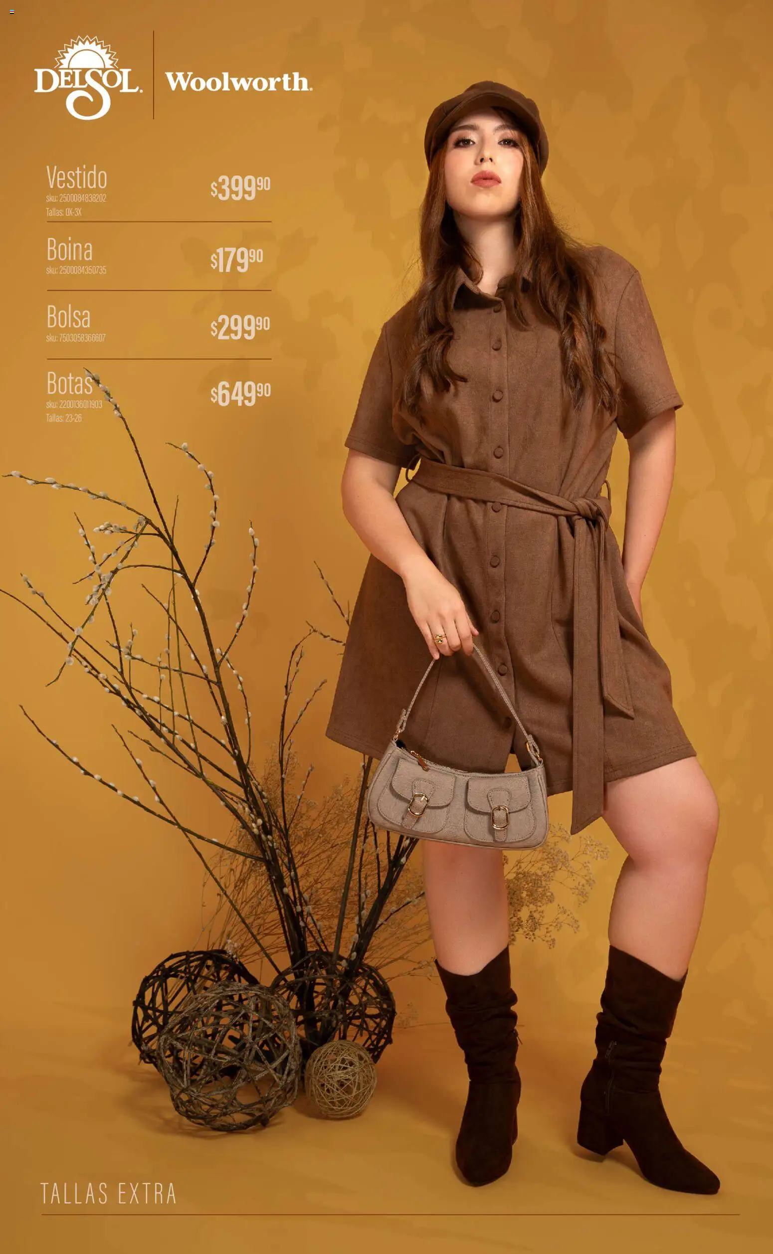 Nuevas ofertas de Del Sol y Woolworth válidas en toda la República Mexicana desde el 01/10/2026. ¡Encuentra las mejores ofertas en Del Sol y Woolworth catálogo Luce el Otoño! | Página: 7 | Productos: Botas, Bolsa, Vestido, Boina