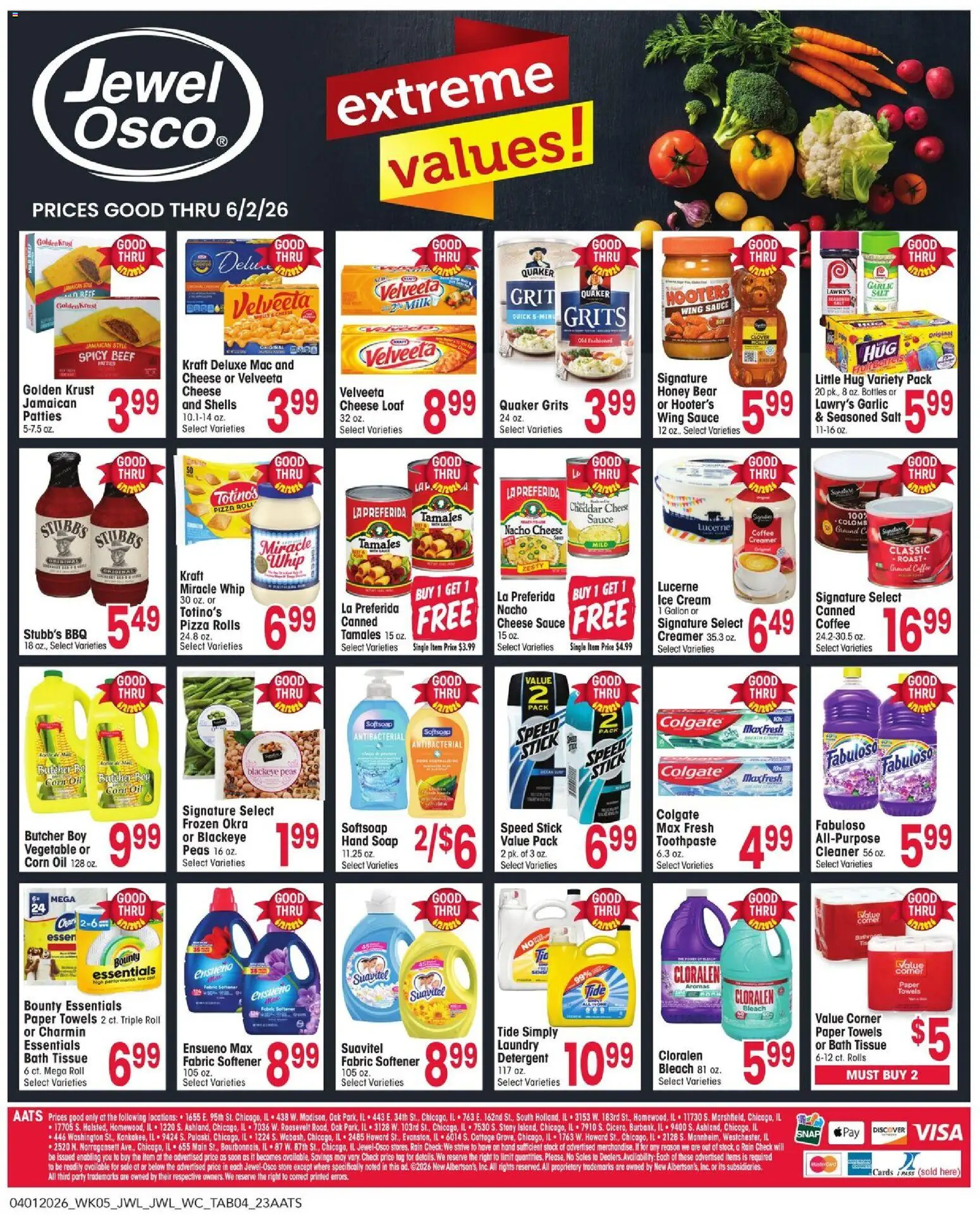 Jewel Osco Ad - valid from 01.04.2026 | Page: 4 | Products: Corn, Toothpaste, Cream, Salt