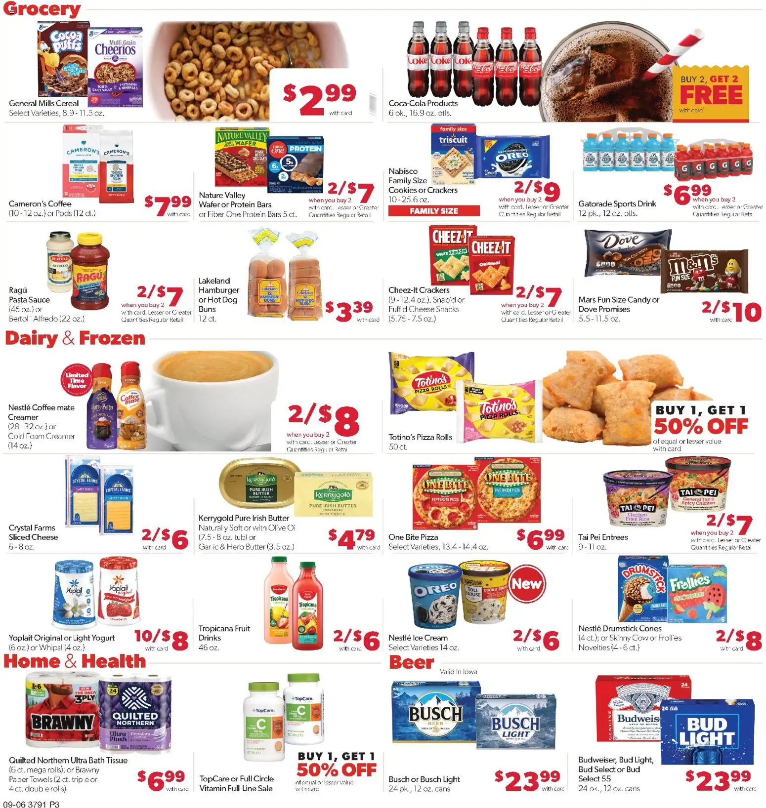 Family Fare Weekly Ad - IA - valid from 09/06/2026 | Page: 3 | Products: Crackers, Coffee, Pasta, Cream