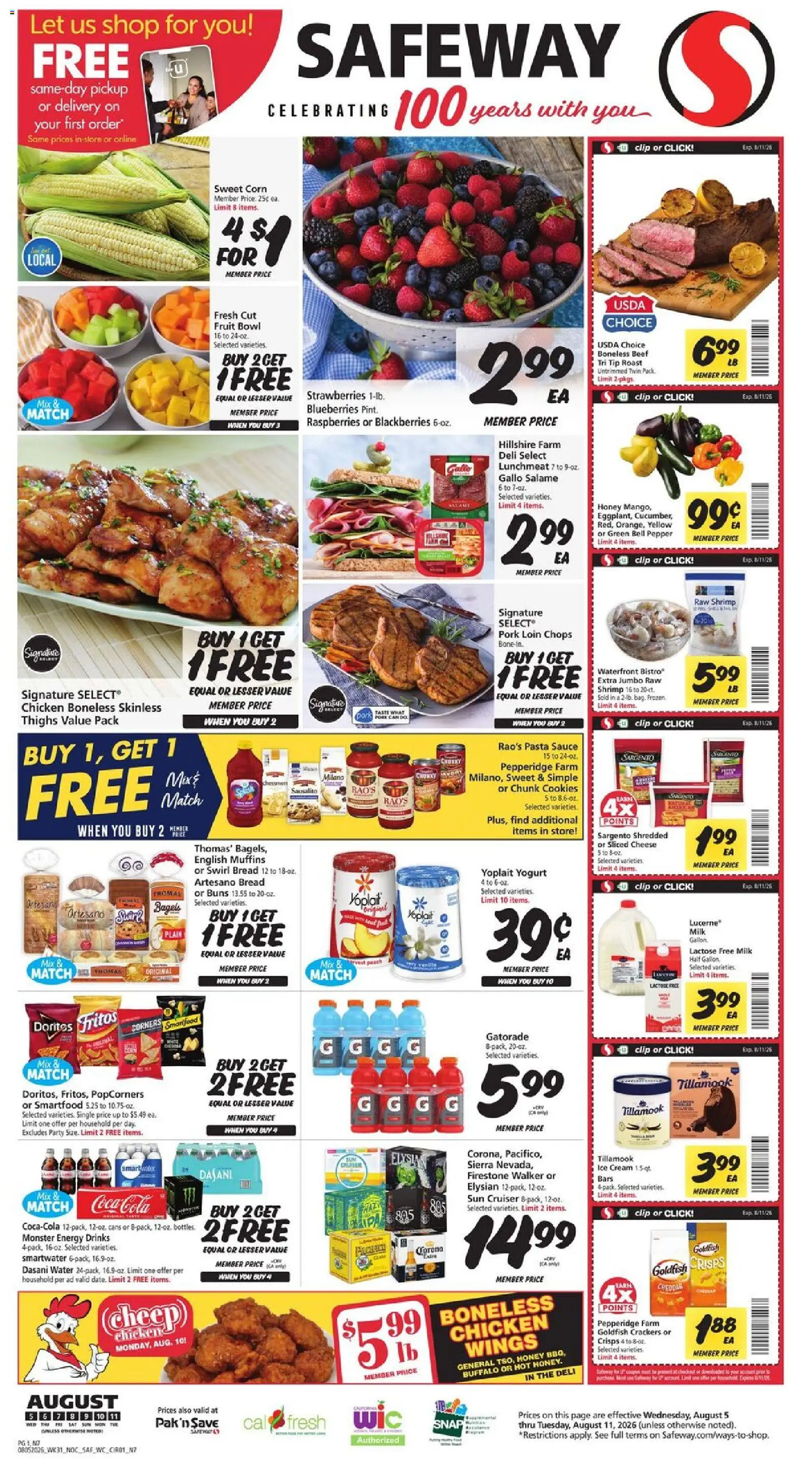 Safeway Weekly Ad - valid from 08/05/2026 | Page: 1 | Products: Cheese, Beef, Ice cream, Water