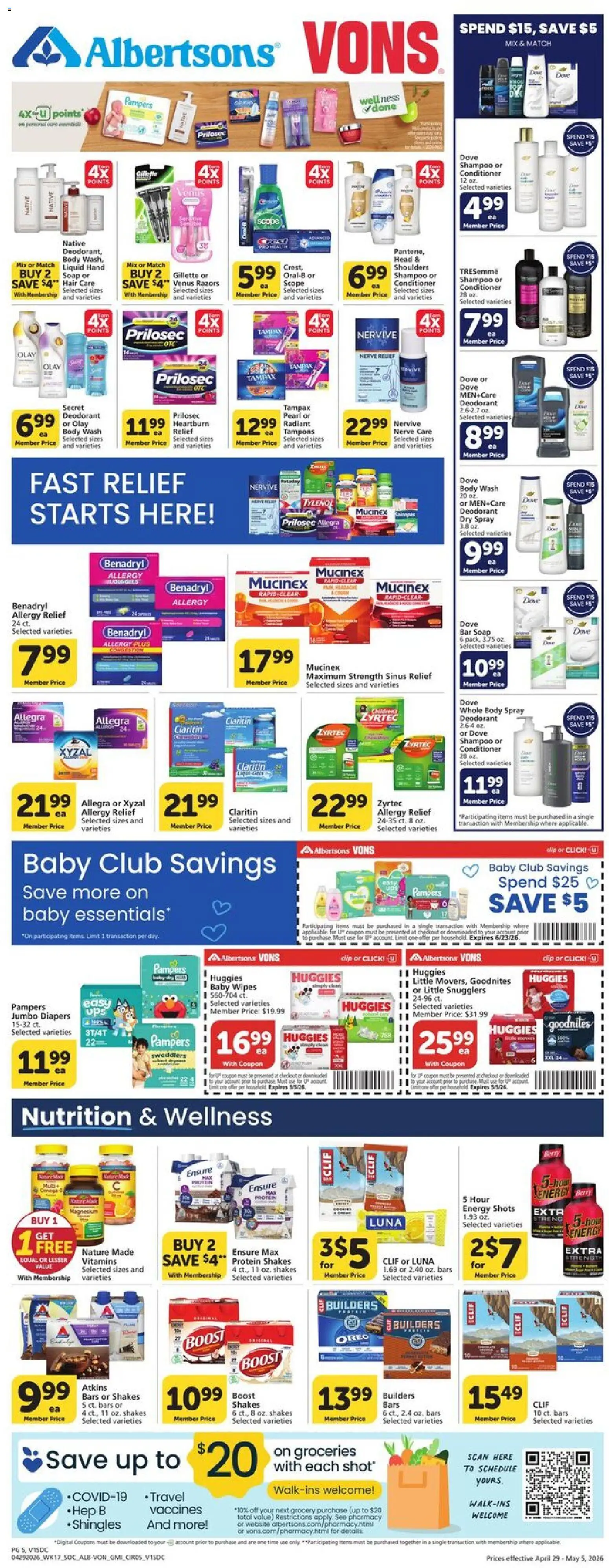Vons Weekly Ad - SoCal - valid from 29.04.2026 | Page: 5 | Products: Tampons, Bar Soap, Body Wash, Lime