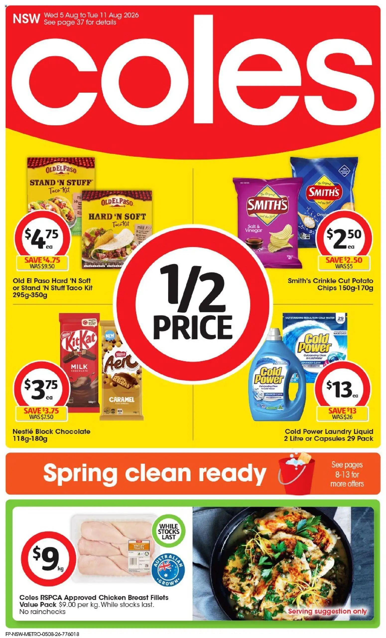 Coles catalogue - valid from 05/08/2026 | Page: 1 | Products: Chocolate, Chips, Vinegar, Laundry
