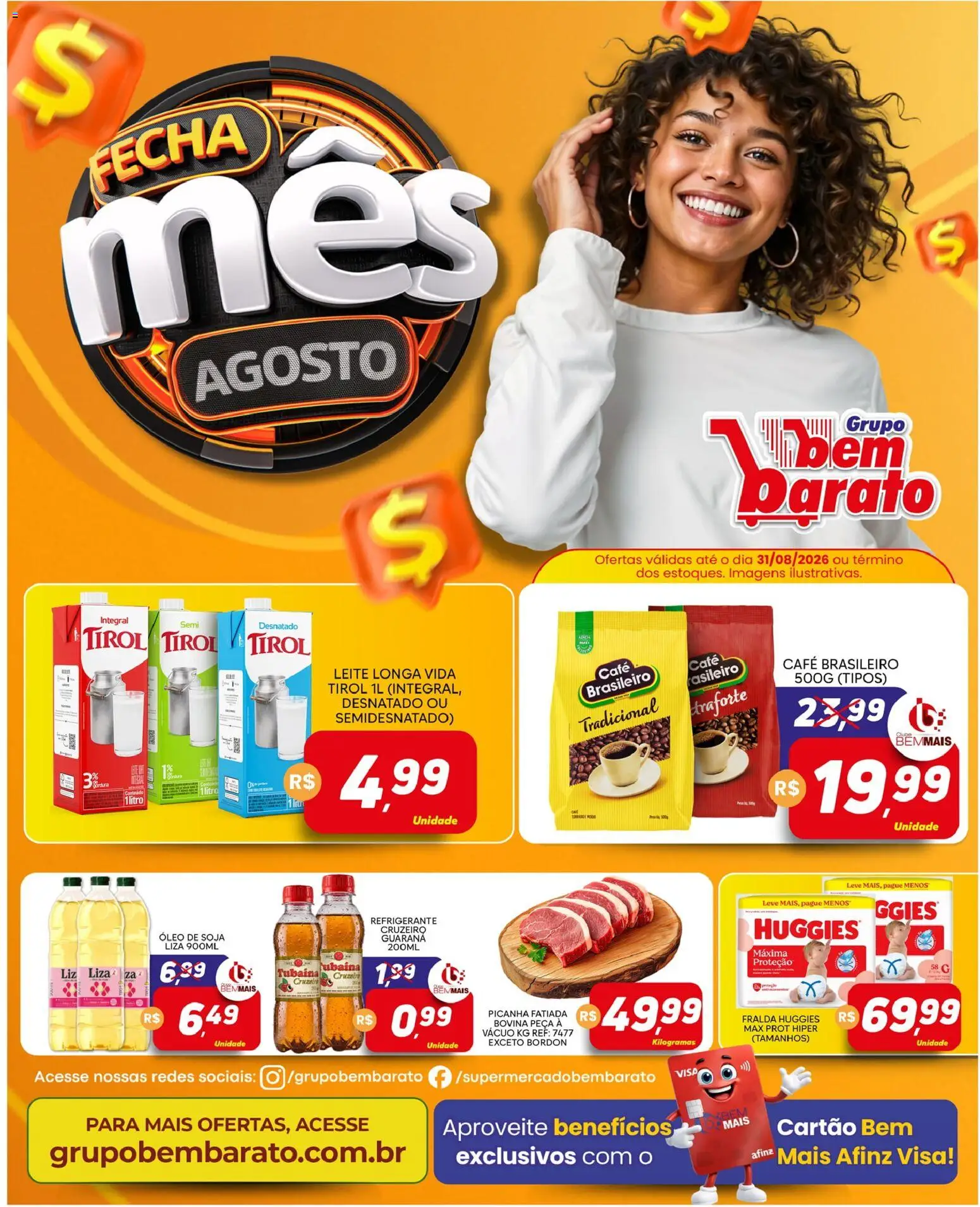 Supermercado Bem Barato Folheto - válido de 25/08/2026 | Página: 1 | Produtos: Leite longa vida, Picanha, Leite, Café