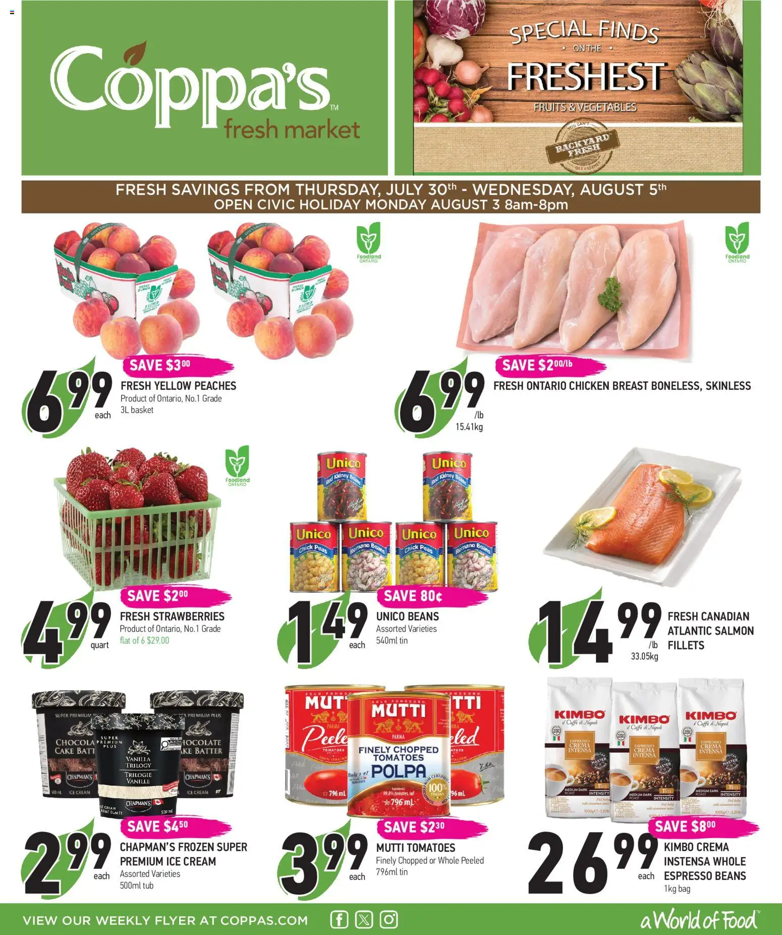 Coppas Fresh Market flyer valid from Jul 30, 2026 | Page: 1 | Products: Strawberries, Ice cream, Bag, Chicken