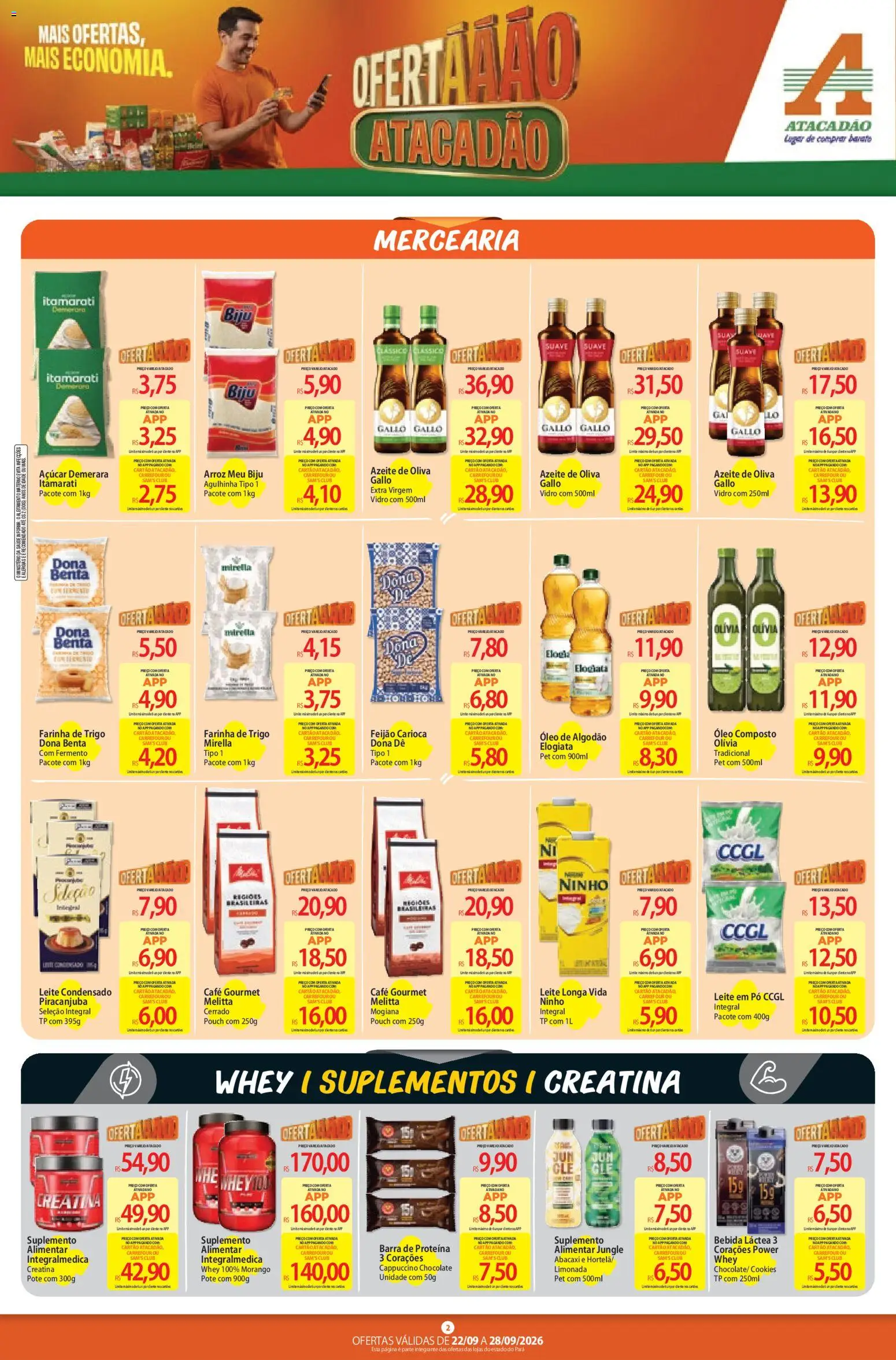 Atacadão Folheto - válido de 22/09/2026 | Página: 2 | Produtos: Farinha de trigo, Suplementos, Azeite, Leite condensado