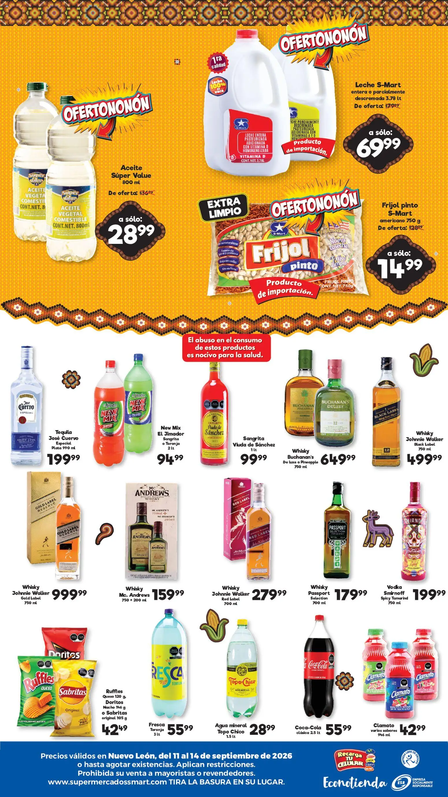 Nuevas ofertas de S-Mart válidas en toda la República Mexicana desde el 11/09/2026. ¡Encuentra las mejores ofertas en S-Mart folleto Ofertas de feria Monterrey! | Página: 2 | Productos: Queso, Toronja, Tequila, Vodka