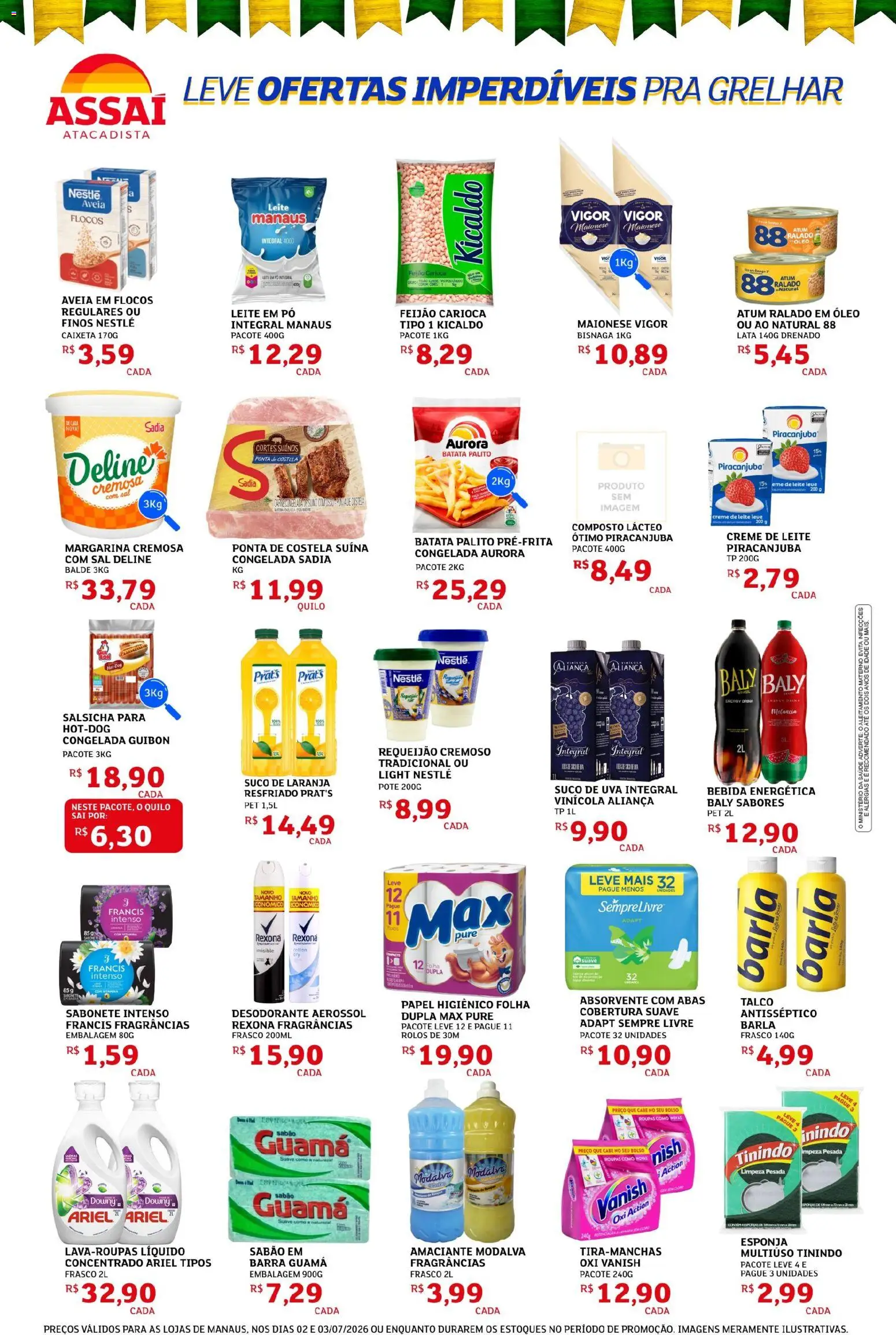 Assaí Atacadista Folheto - válido de 02/07/2026 | Página: 2 | Produtos: Ariel, Salsicha, Batata, Absorvente