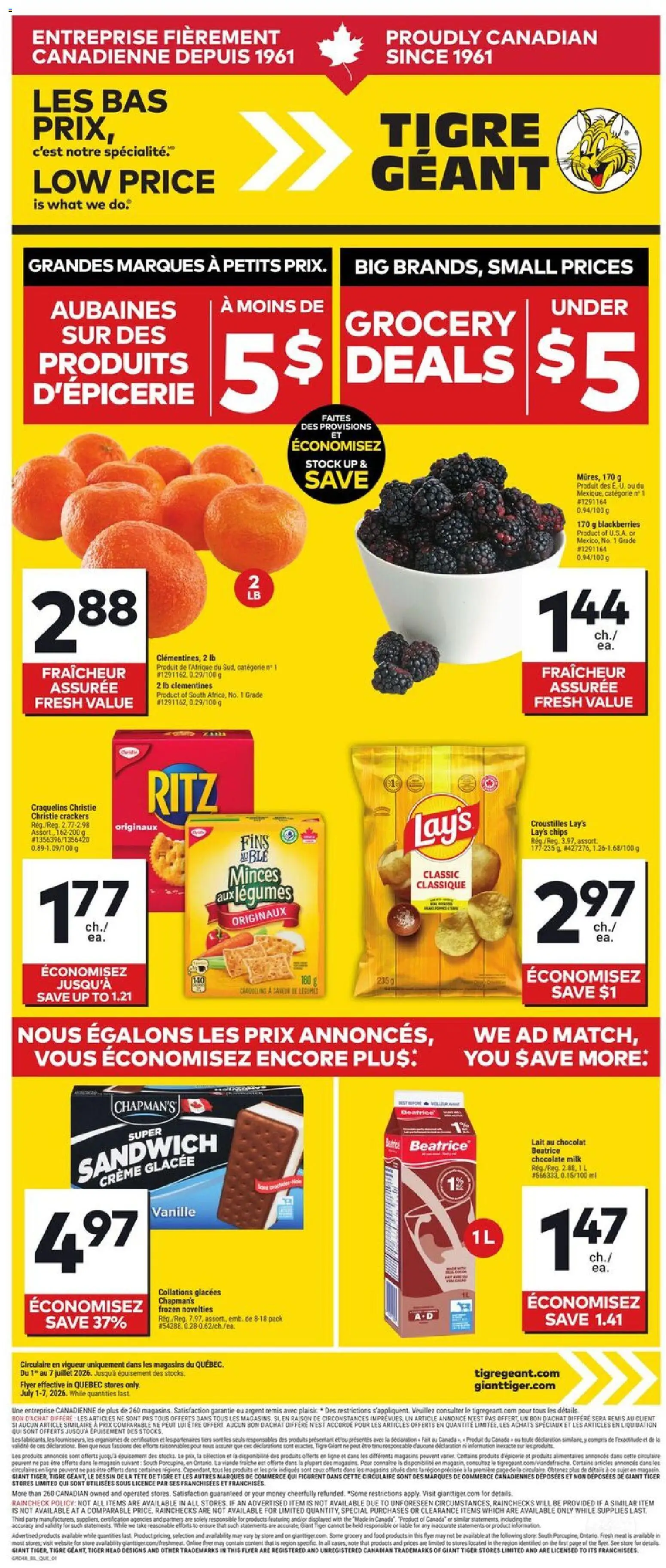 Giant Tiger flyer valid from Jul 1, 2026 | Page: 1 | Products: Chips, Ice cream, Milk, Chocolate