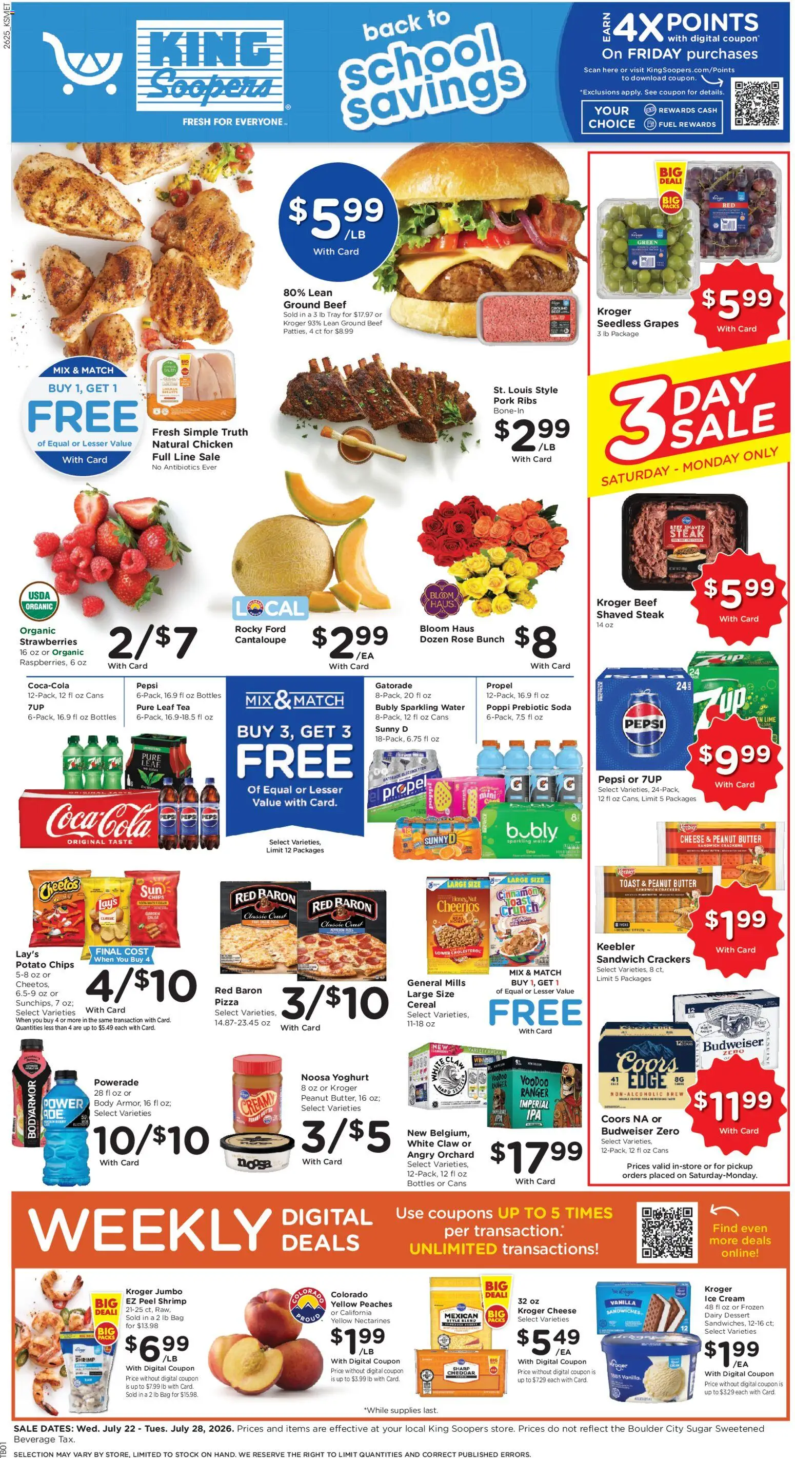 King Soopers Weekly Ad - valid from 07/22/2026 | Page: 1 | Products: Peaches, Cheese, Cream, Water