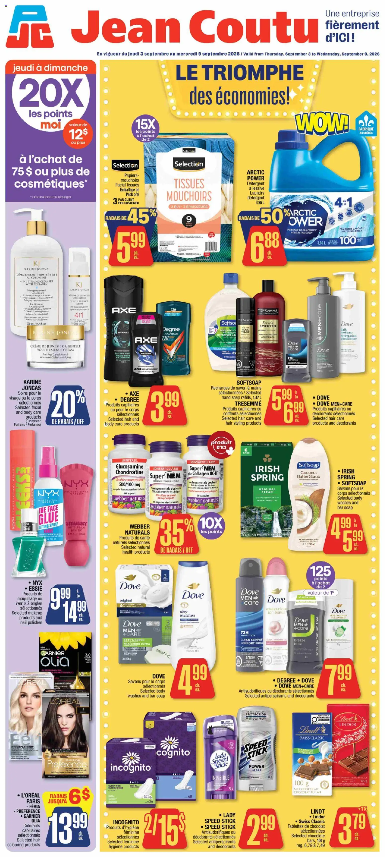 Jean Coutu flyer valid from Sep 3, 2026 | Page: 1 | Products: Toner, Tissues, Cucumber, Capsules