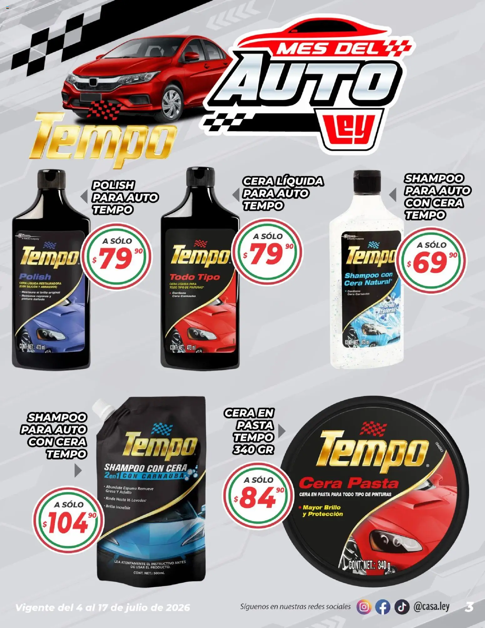 Nuevas ofertas de Casa Ley válidas en toda la República Mexicana desde el 04/07/2026. ¡Encuentra las mejores ofertas en Casa Ley folleto Mes del auto! | Página: 3 | Productos: Brillo, Pasta, Cera, Pintura