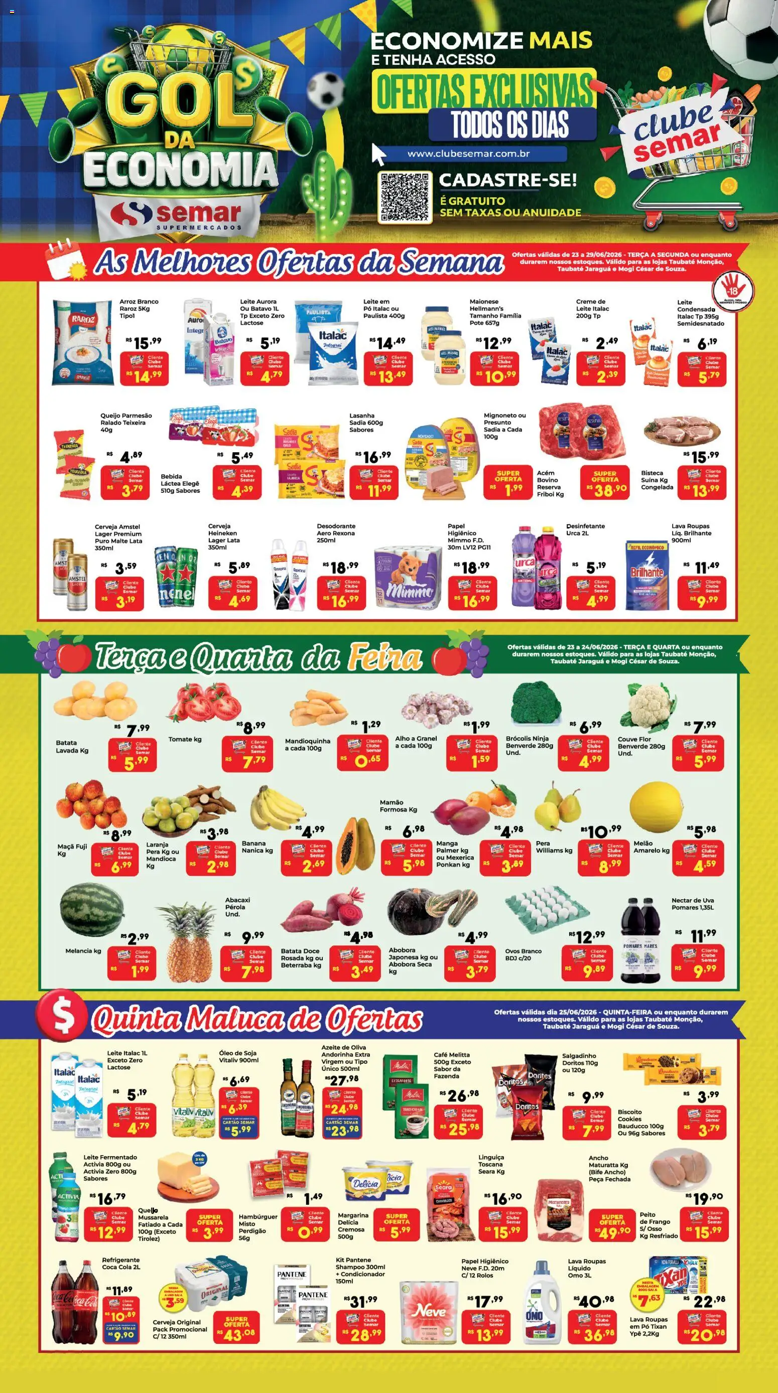 Semar Supermercado Folheto - válido de 23/06/2026 | Página: 1 | Produtos: Linguiça, Rexona, Refrigerante, Desinfetante