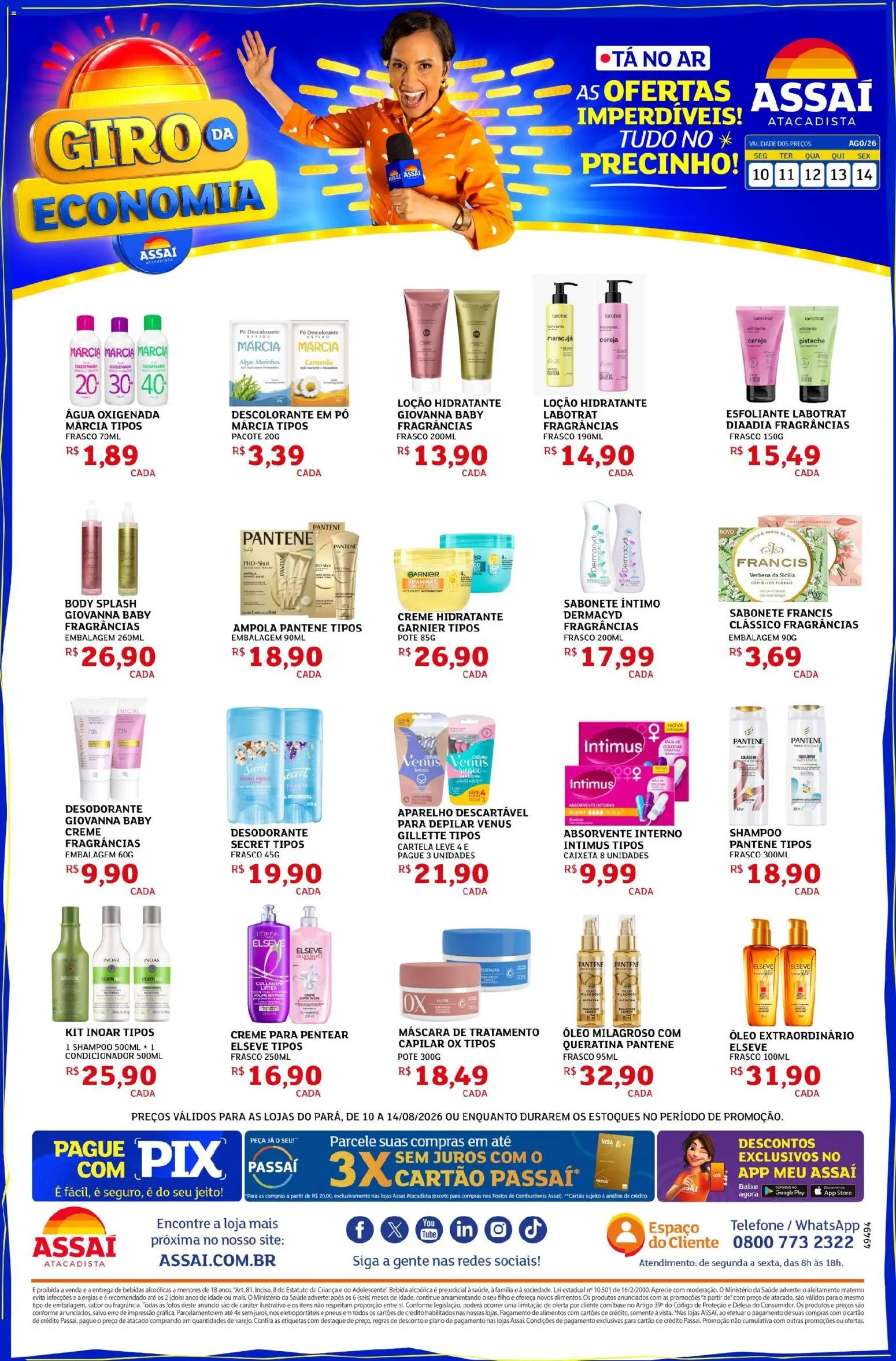Assaí Atacadista Folheto - válido de 10/08/2026 | Página: 1 | Produtos: Água, Creme para pentear, Absorvente interno, Absorvente