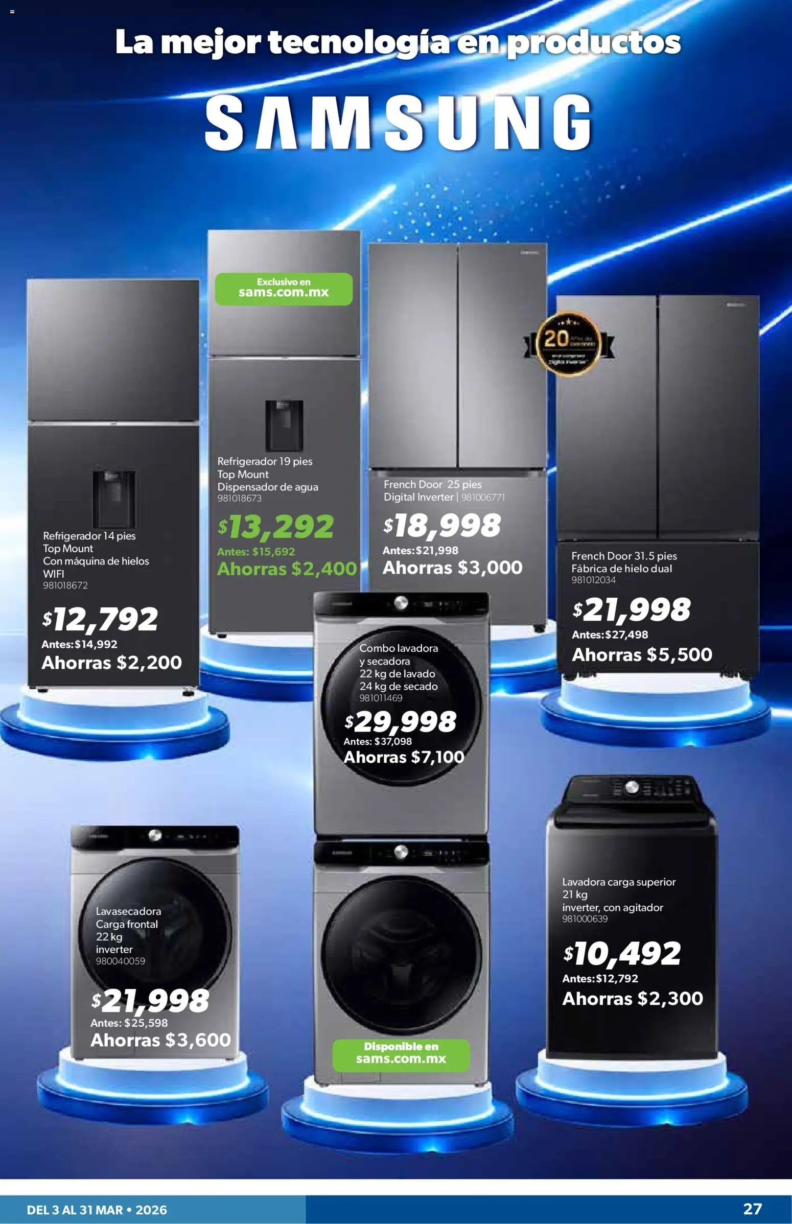 Nuevas ofertas de Sam's Club válidas en toda la República Mexicana desde el 03/03/2026. ¡Encuentra las mejores ofertas en Sam's Club catálogo! | Página: 27 | Productos: Secadora, Agua, Lavadora, Hielo
