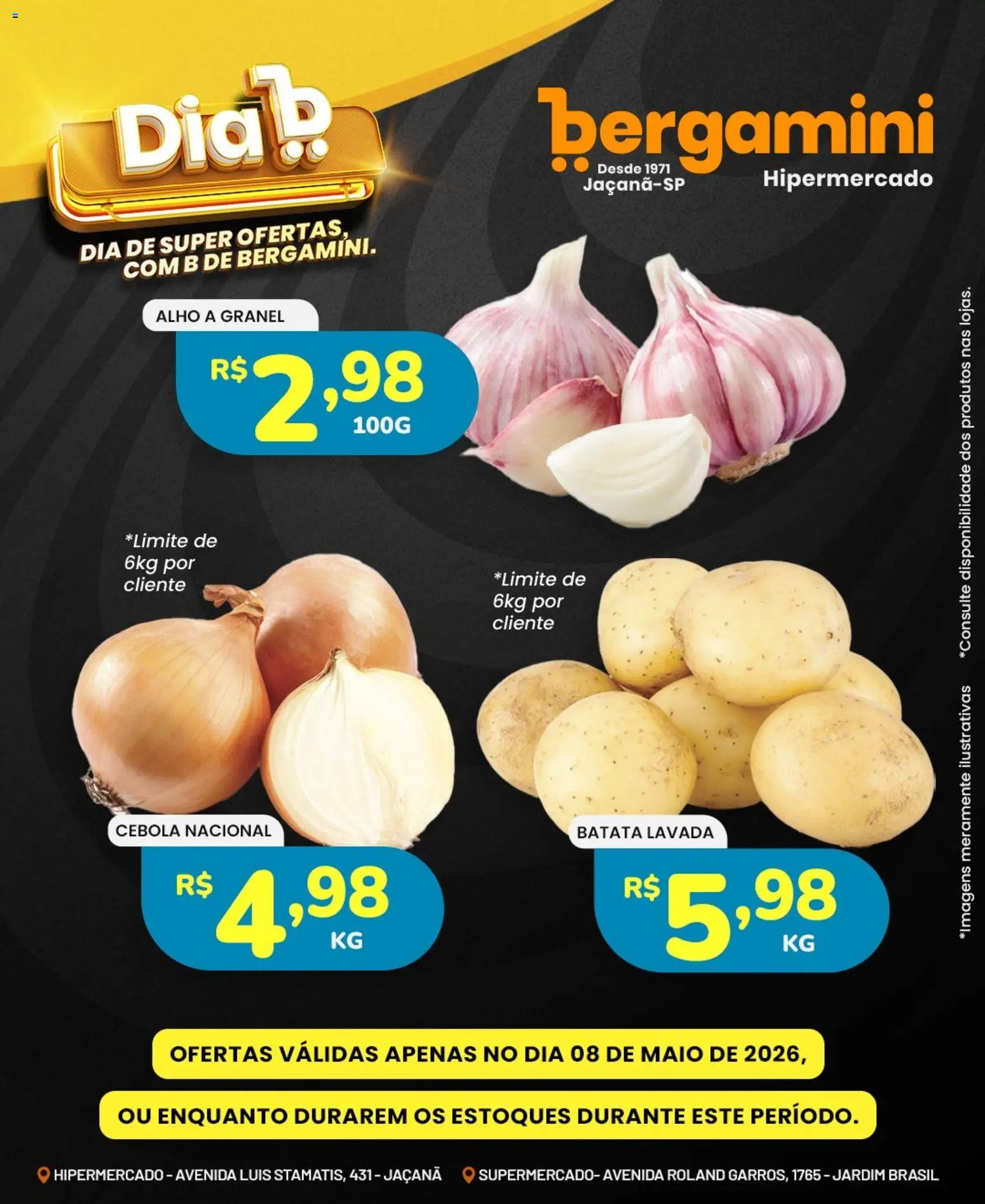 Supermercado Bergamini Folheto - válido de 08.05.2026 | Página: 4 | Produtos: Alho, Cebola, Maiô, Batata