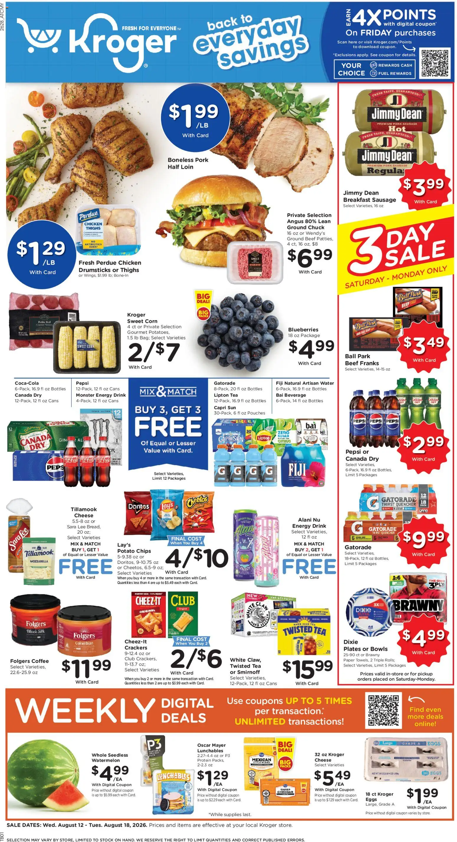 Kroger Weekly Ad - valid from 08/12/2026 | Page: 1 | Products: Corn, Potato chips, Coffee, Sausage
