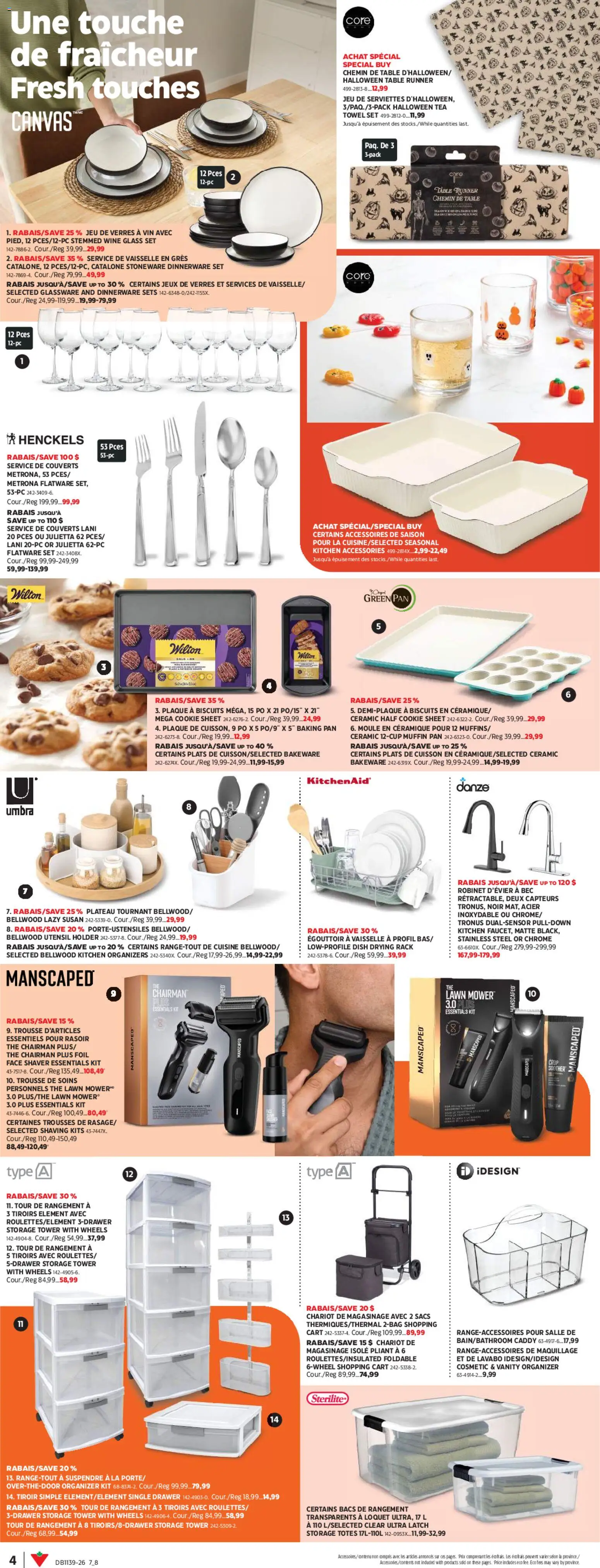 Canadian Tire flyer valid from Sep 24, 2026 | Page: 4 | Products: Shaver, Drying rack, Biscuits, Wine